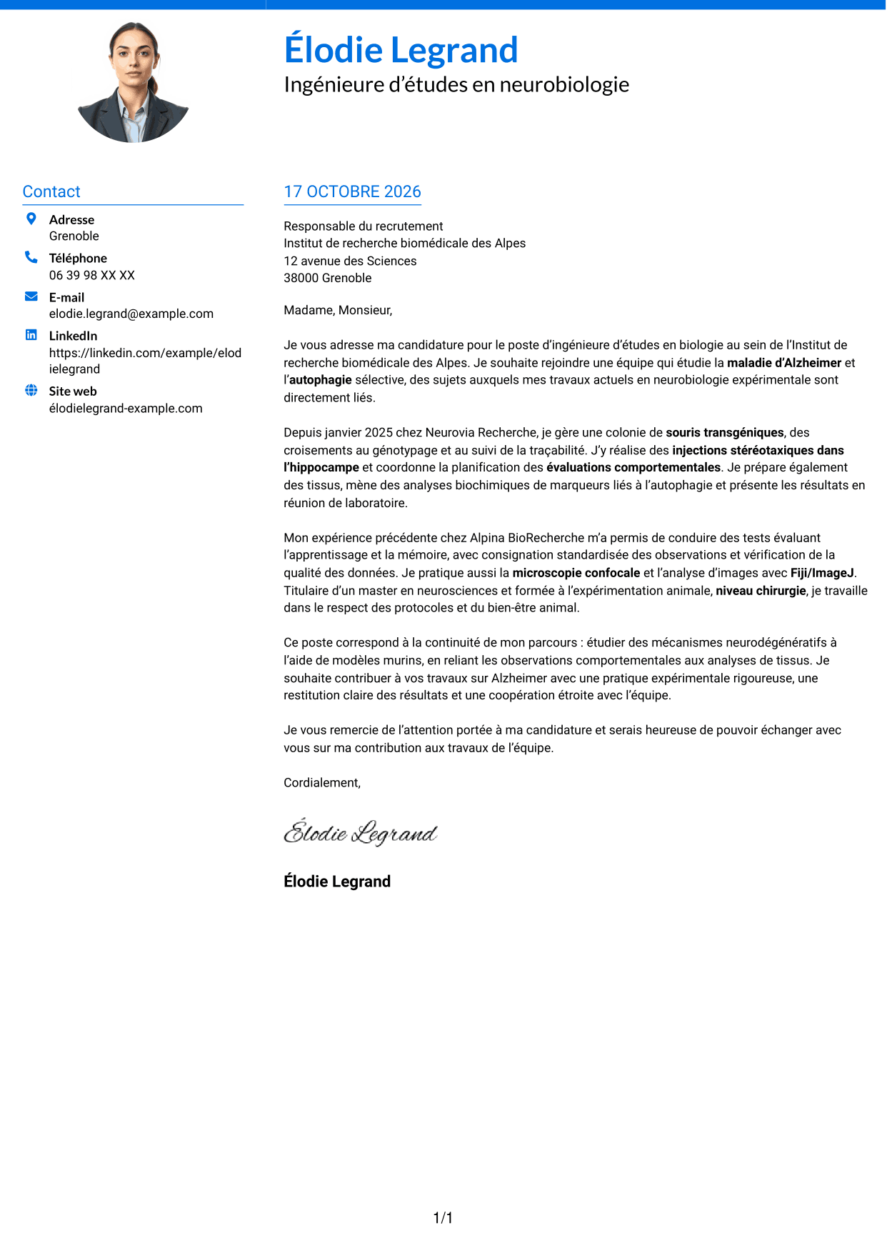 Lettre de motivation Audacieux (format à deux colonnes avec accents colorés et photo) : Ingénieure d’études en biologie - Neurosciences et maladie d’Alzheimer, page 1