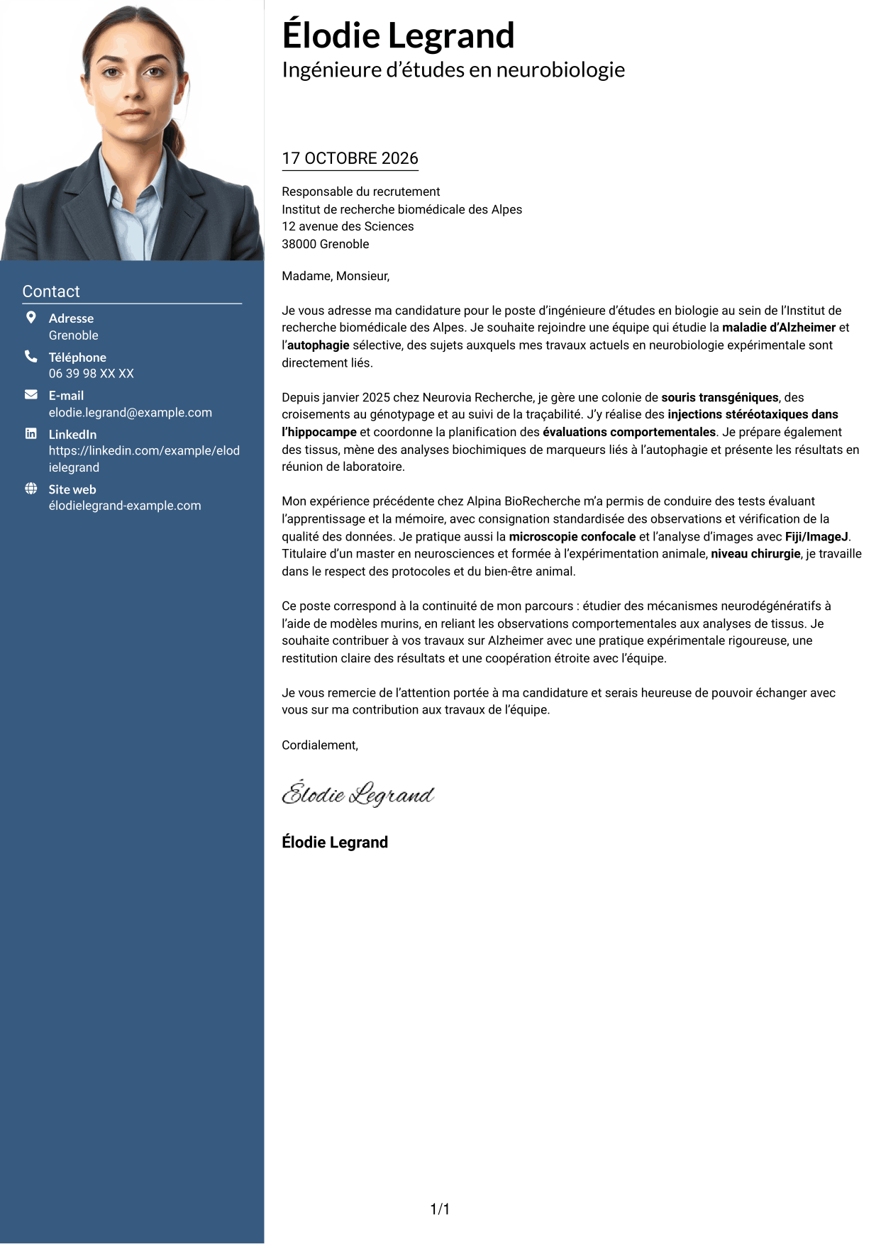 Lettre de motivation Signature (format à colonne latérale colorée avec grande photo) : Ingénieure d’études en biologie - Neurosciences et maladie d’Alzheimer, page 1