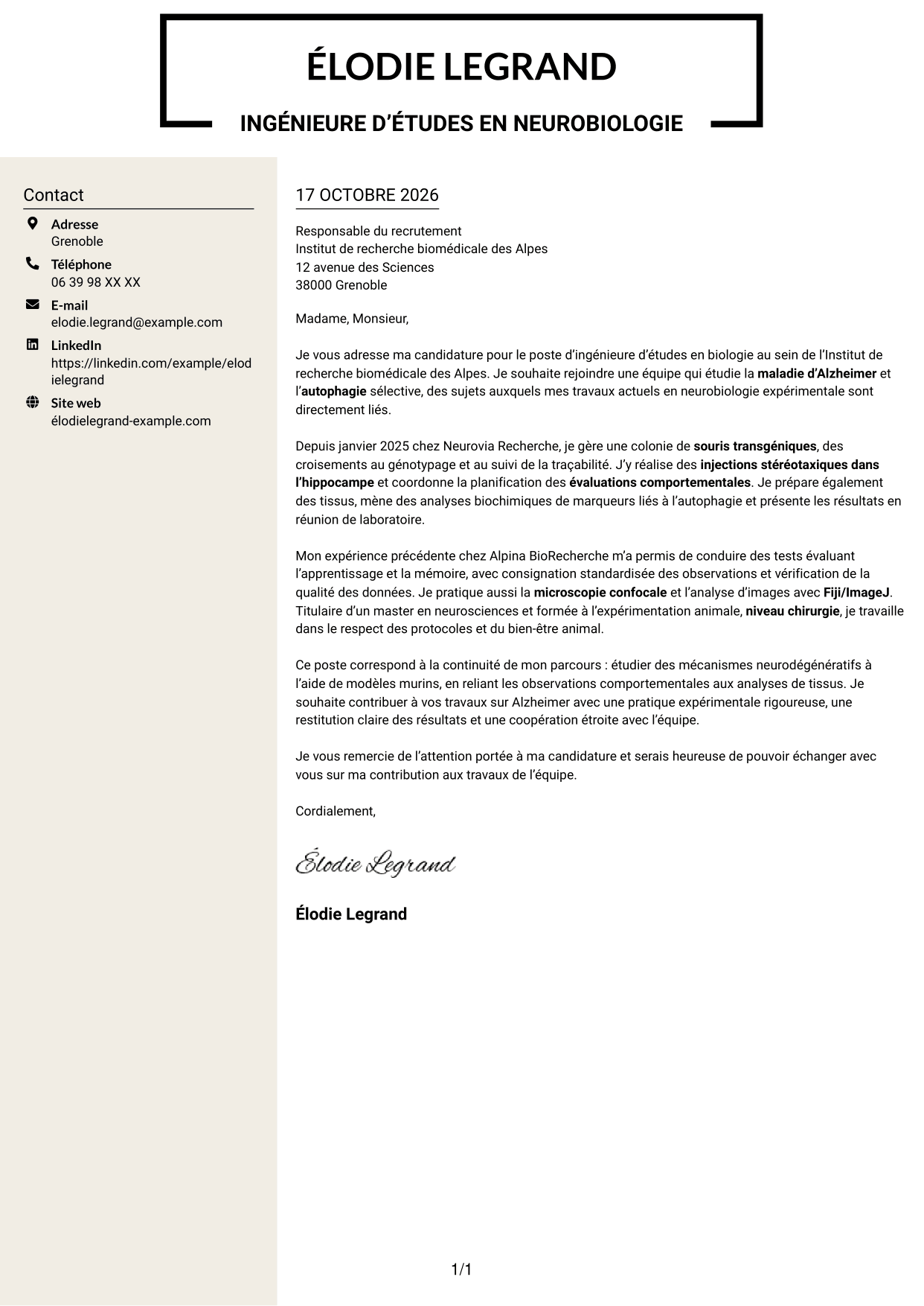 Lettre de motivation Fonceur (format à deux colonnes avec en-tête centré sans photo) : Ingénieure d’études en biologie - Neurosciences et maladie d’Alzheimer, page 1