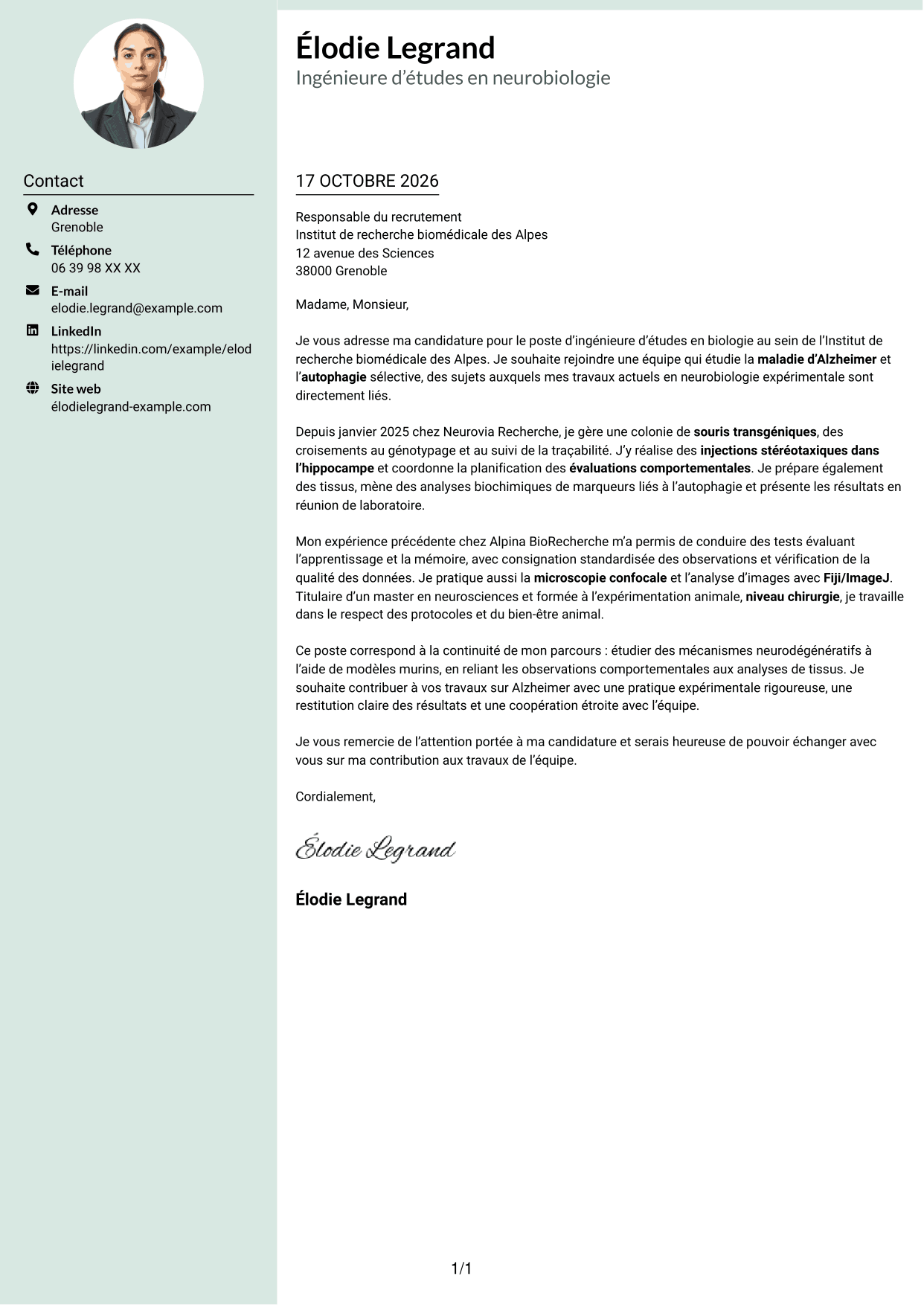 Lettre de motivation Cadre (format à colonne latérale douce avec photo arrondie) : Ingénieure d’études en biologie - Neurosciences et maladie d’Alzheimer, page 1