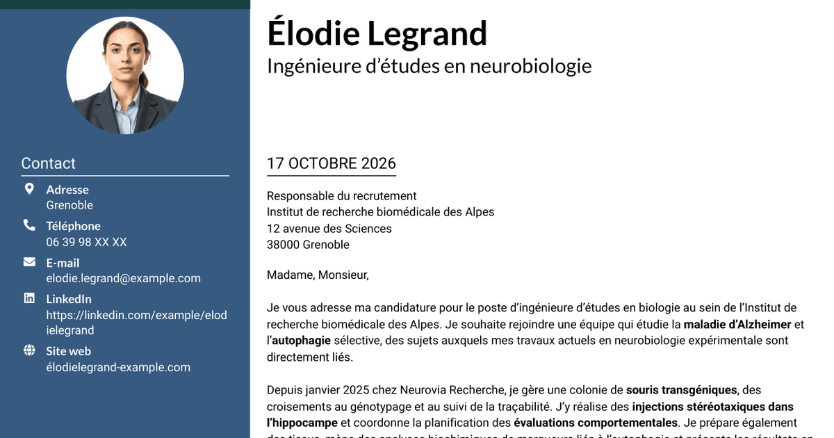 7 modèles de lettre de motivation pour Ingénieure d’études en biologie - Neurosciences et maladie d’Alzheimer, avec exemples
