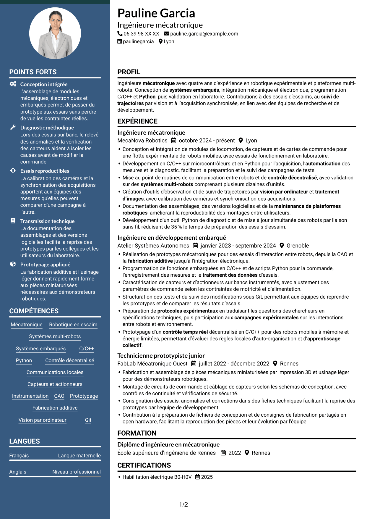 CV Élégant (format à colonne latérale colorée avec photo) : Ingénieure en mécatronique - Robotique en essaim et apprentissage collectif, page 1