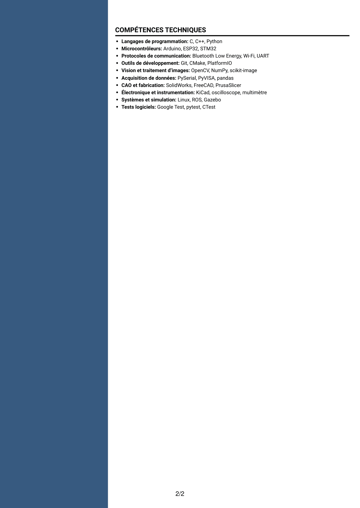CV Élégant (format à colonne latérale colorée avec photo) : Ingénieure en mécatronique - Robotique en essaim et apprentissage collectif, page 2