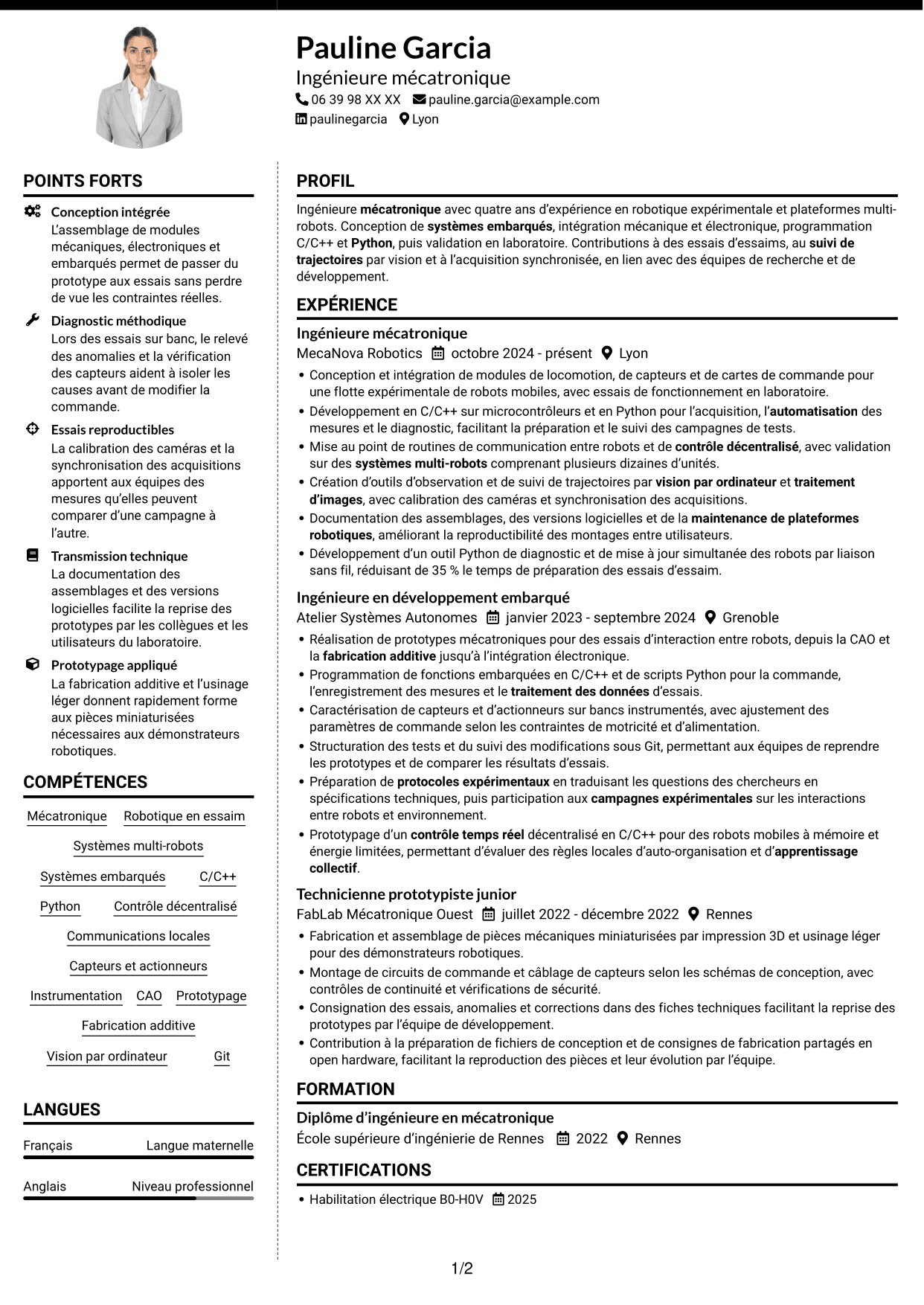 CV Moderne (format à deux colonnes avec photo à gauche et séparateur) : Ingénieure en mécatronique - Robotique en essaim et apprentissage collectif, page 1