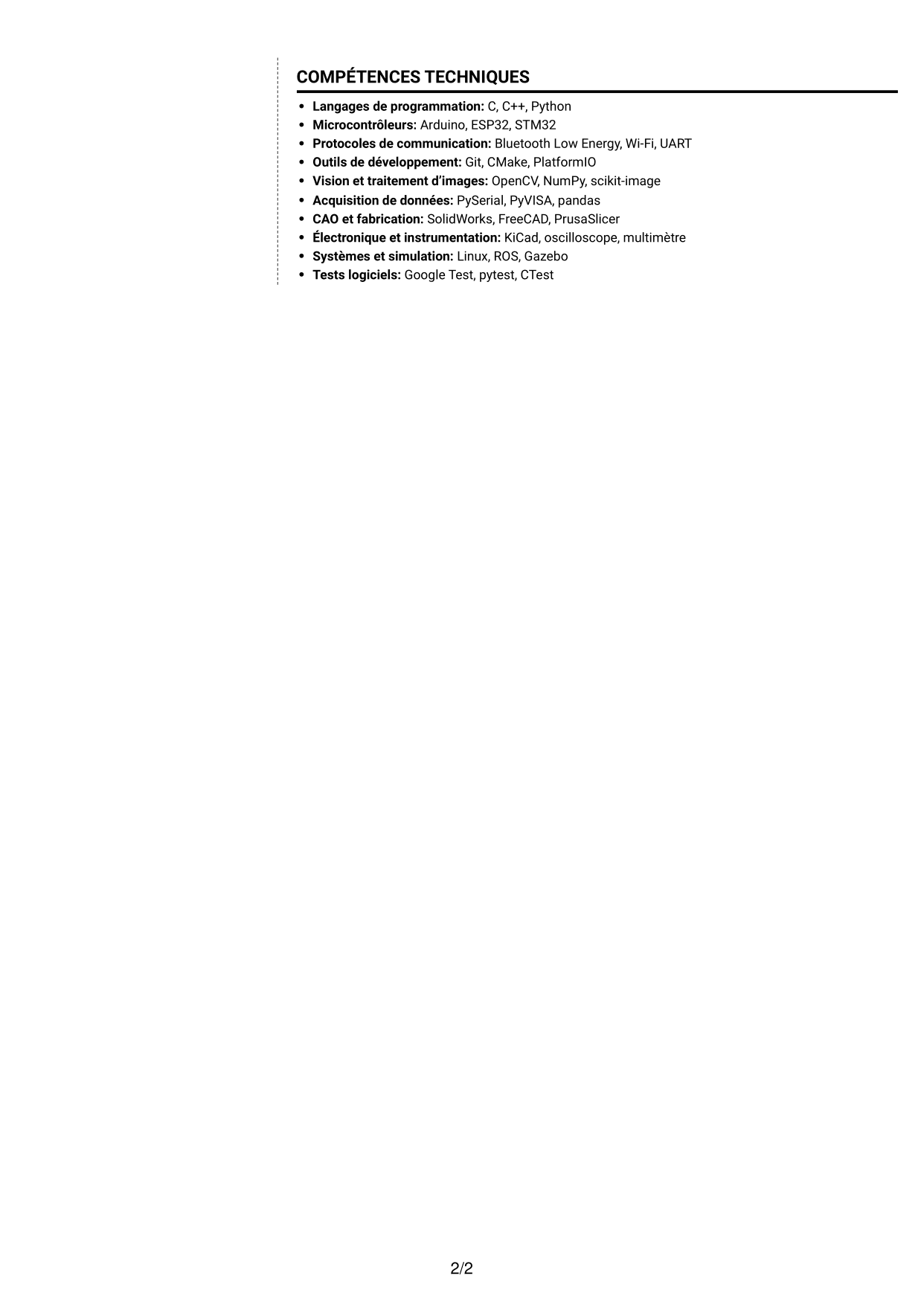 CV Moderne (format à deux colonnes avec photo à gauche et séparateur) : Ingénieure en mécatronique - Robotique en essaim et apprentissage collectif, page 2