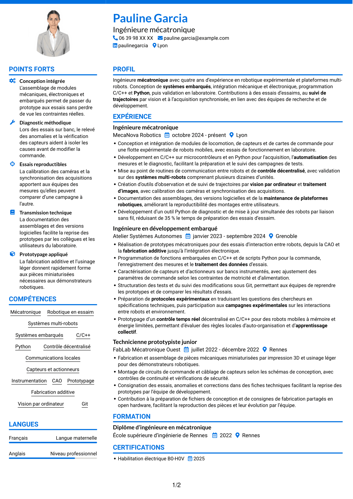 CV Audacieux (format à deux colonnes avec accents colorés et photo) : Ingénieure en mécatronique - Robotique en essaim et apprentissage collectif, page 1