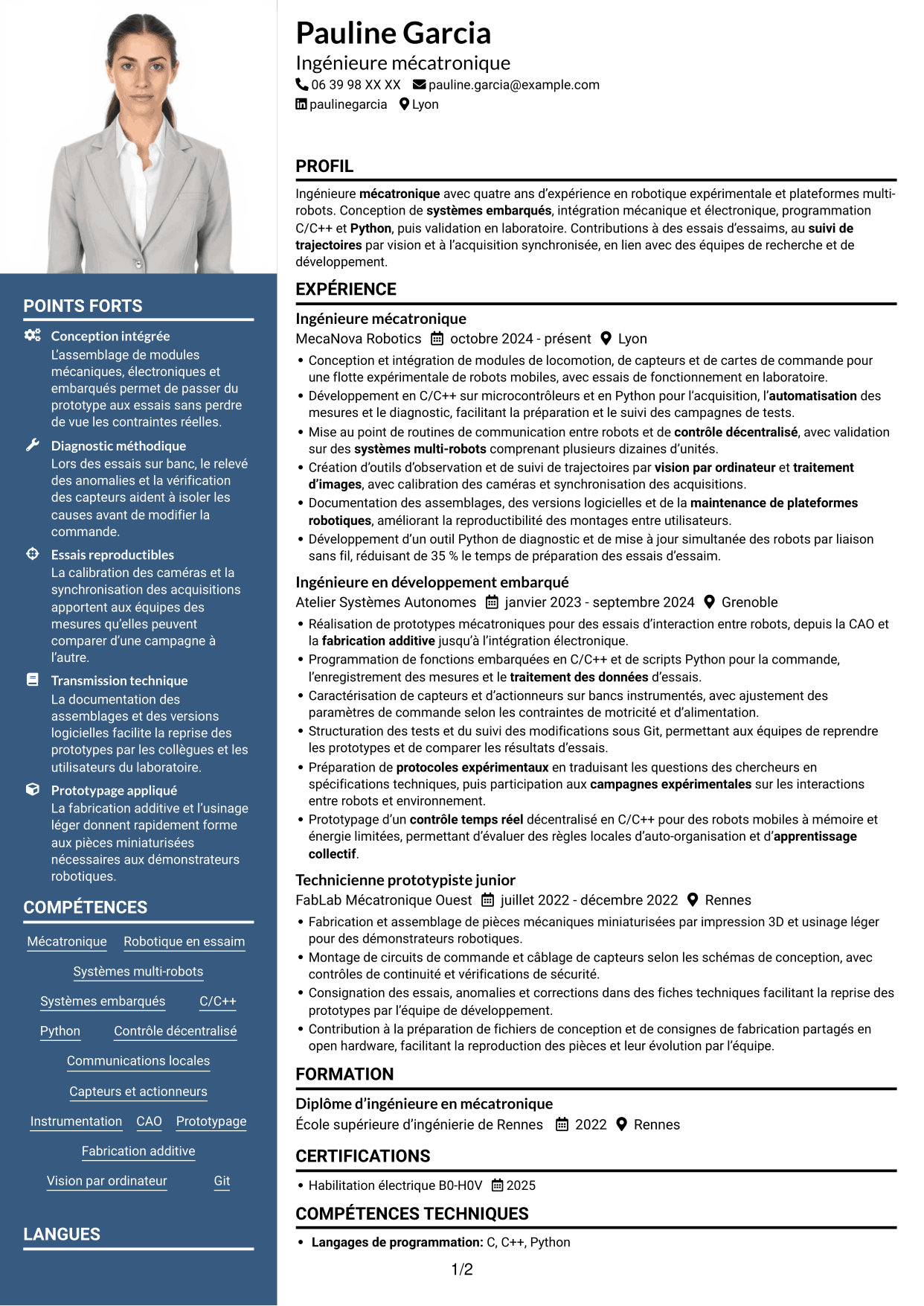 CV Signature (format à colonne latérale colorée avec grande photo) : Ingénieure en mécatronique - Robotique en essaim et apprentissage collectif, page 1