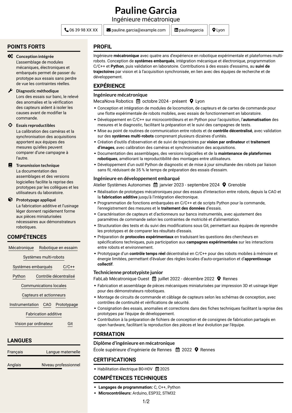CV Fonceur (format à deux colonnes avec en-tête centré sans photo) : Ingénieure en mécatronique - Robotique en essaim et apprentissage collectif, page 1