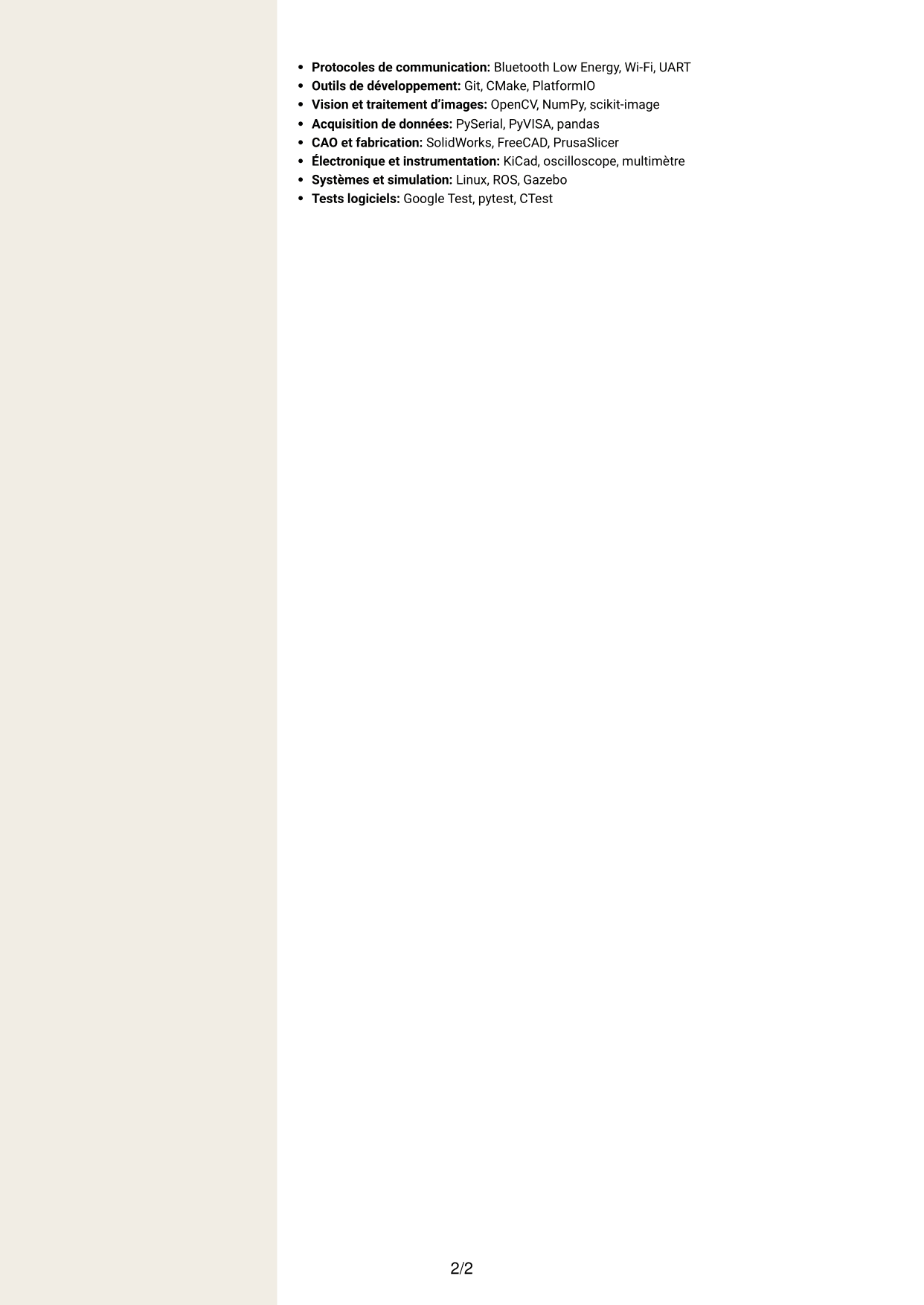 CV Fonceur (format à deux colonnes avec en-tête centré sans photo) : Ingénieure en mécatronique - Robotique en essaim et apprentissage collectif, page 2