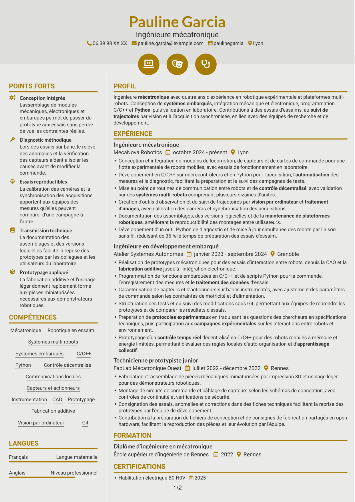 CV Dynamique (format à deux colonnes avec icônes) : Ingénieure en mécatronique - Robotique en essaim et apprentissage collectif, page 1