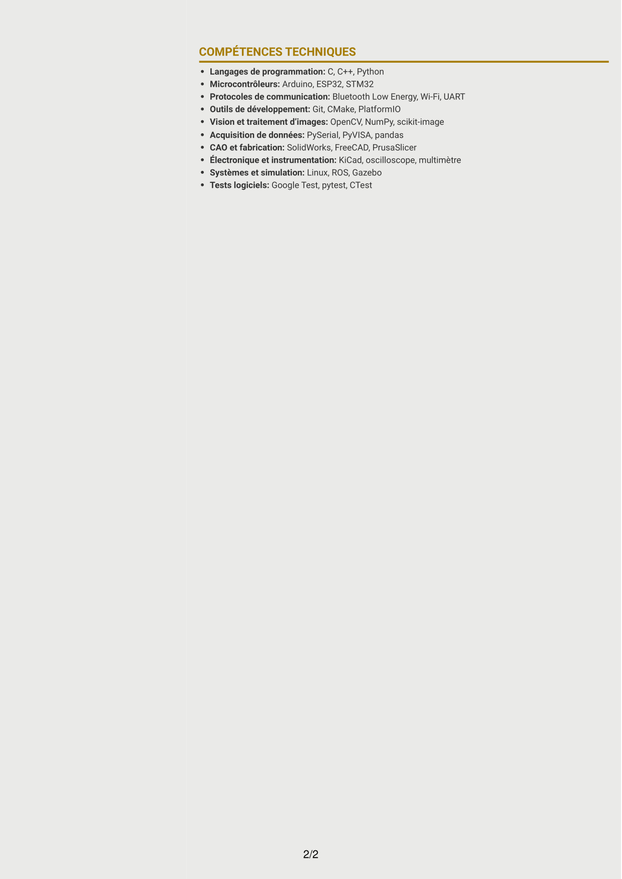 CV Dynamique (format à deux colonnes avec icônes) : Ingénieure en mécatronique - Robotique en essaim et apprentissage collectif, page 2