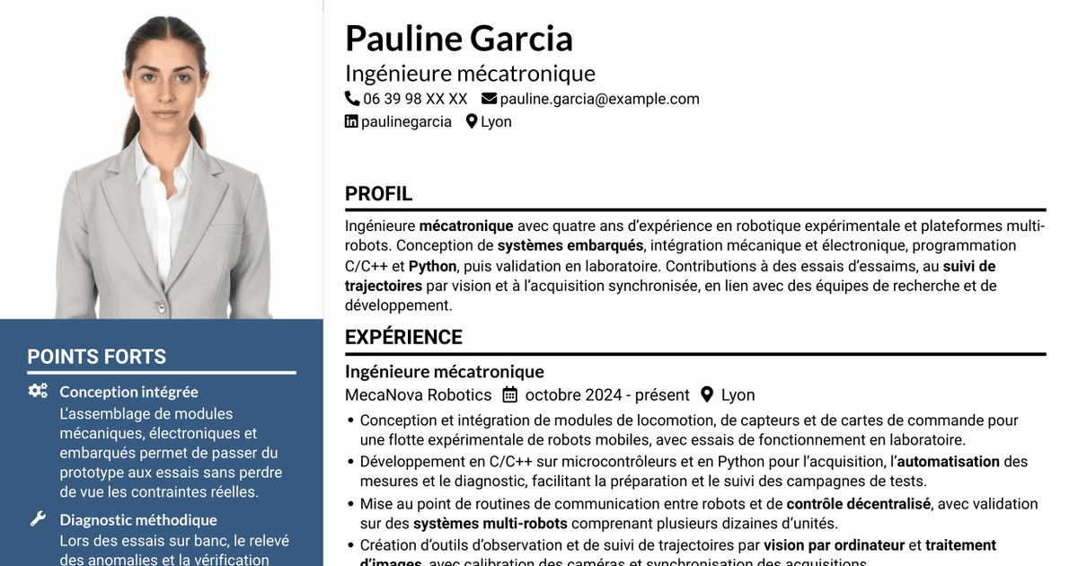 7 modèles de CV pour Ingénieure en mécatronique - Robotique en essaim et apprentissage collectif, avec exemples