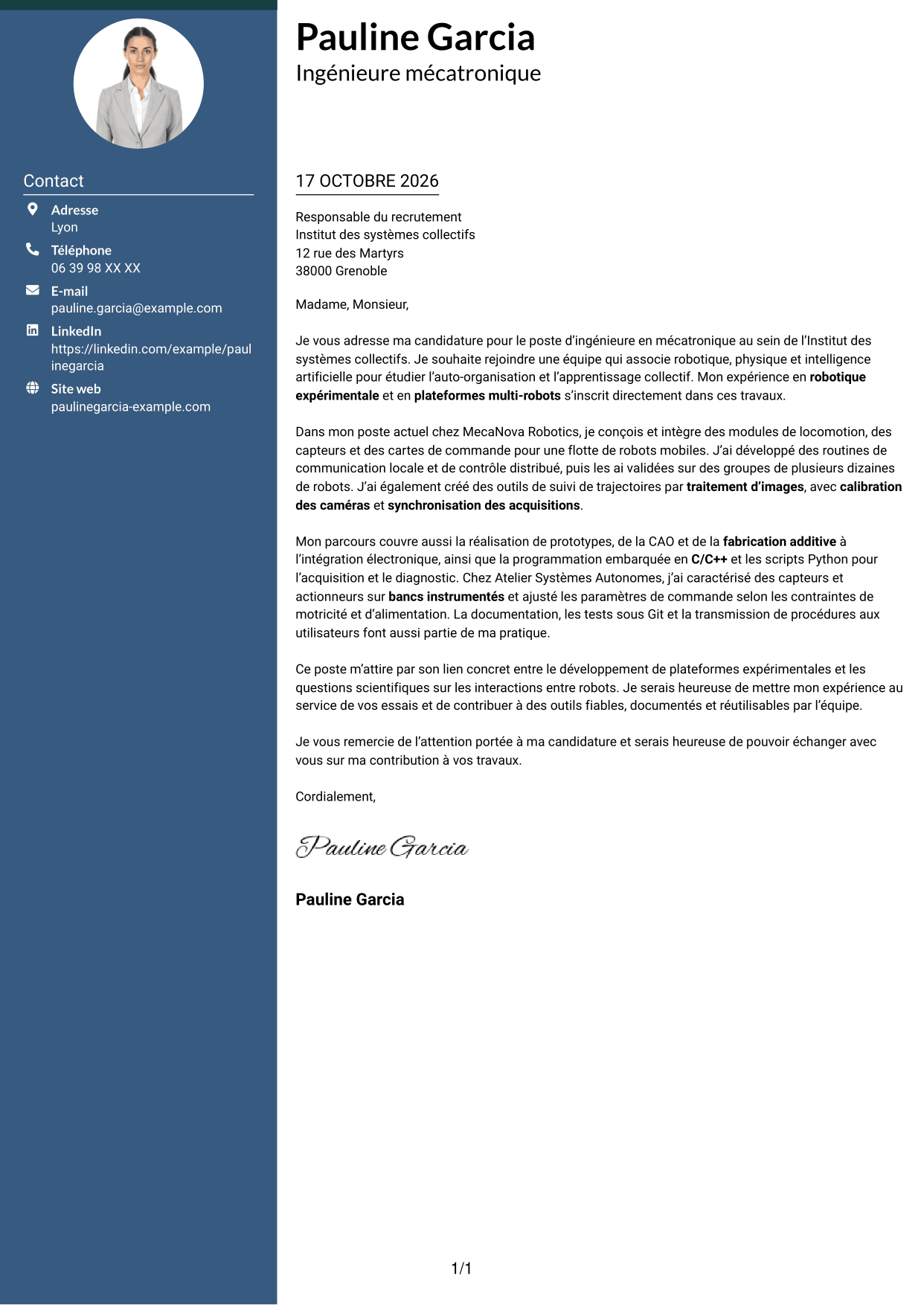 Lettre de motivation Élégant (format à colonne latérale colorée avec photo) : Ingénieure en mécatronique - Robotique en essaim et apprentissage collectif, page 1