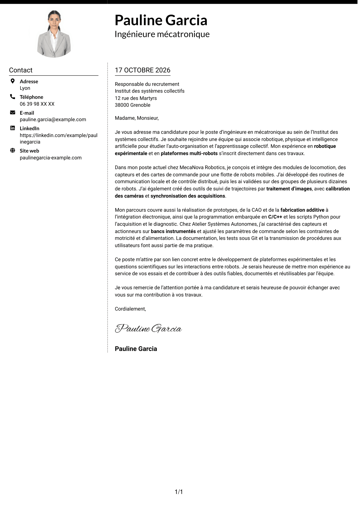 Lettre de motivation Moderne (format à deux colonnes avec photo à gauche et séparateur) : Ingénieure en mécatronique - Robotique en essaim et apprentissage collectif, page 1
