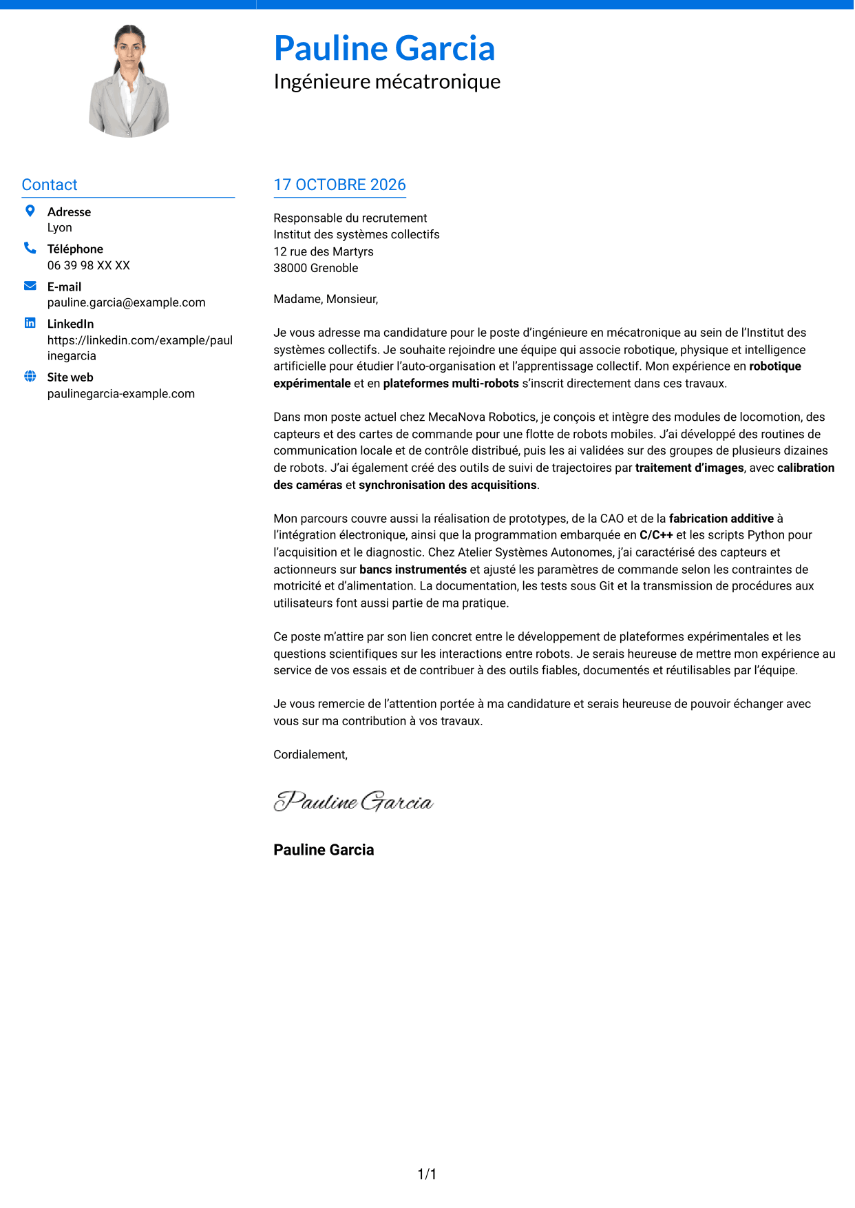 Lettre de motivation Audacieux (format à deux colonnes avec accents colorés et photo) : Ingénieure en mécatronique - Robotique en essaim et apprentissage collectif, page 1