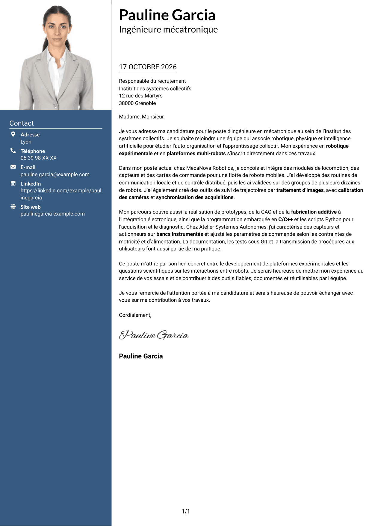 Lettre de motivation Signature (format à colonne latérale colorée avec grande photo) : Ingénieure en mécatronique - Robotique en essaim et apprentissage collectif, page 1