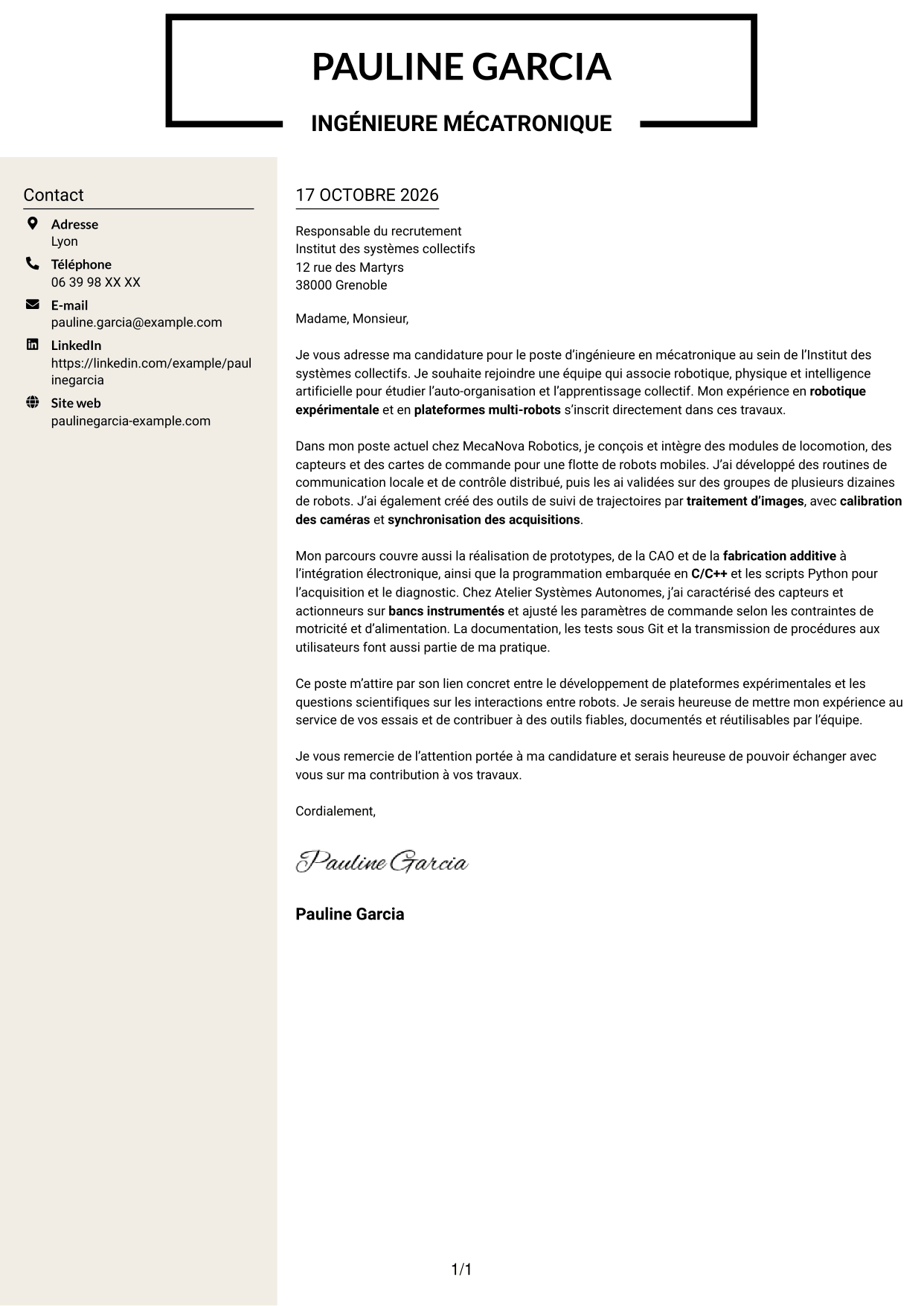 Lettre de motivation Fonceur (format à deux colonnes avec en-tête centré sans photo) : Ingénieure en mécatronique - Robotique en essaim et apprentissage collectif, page 1