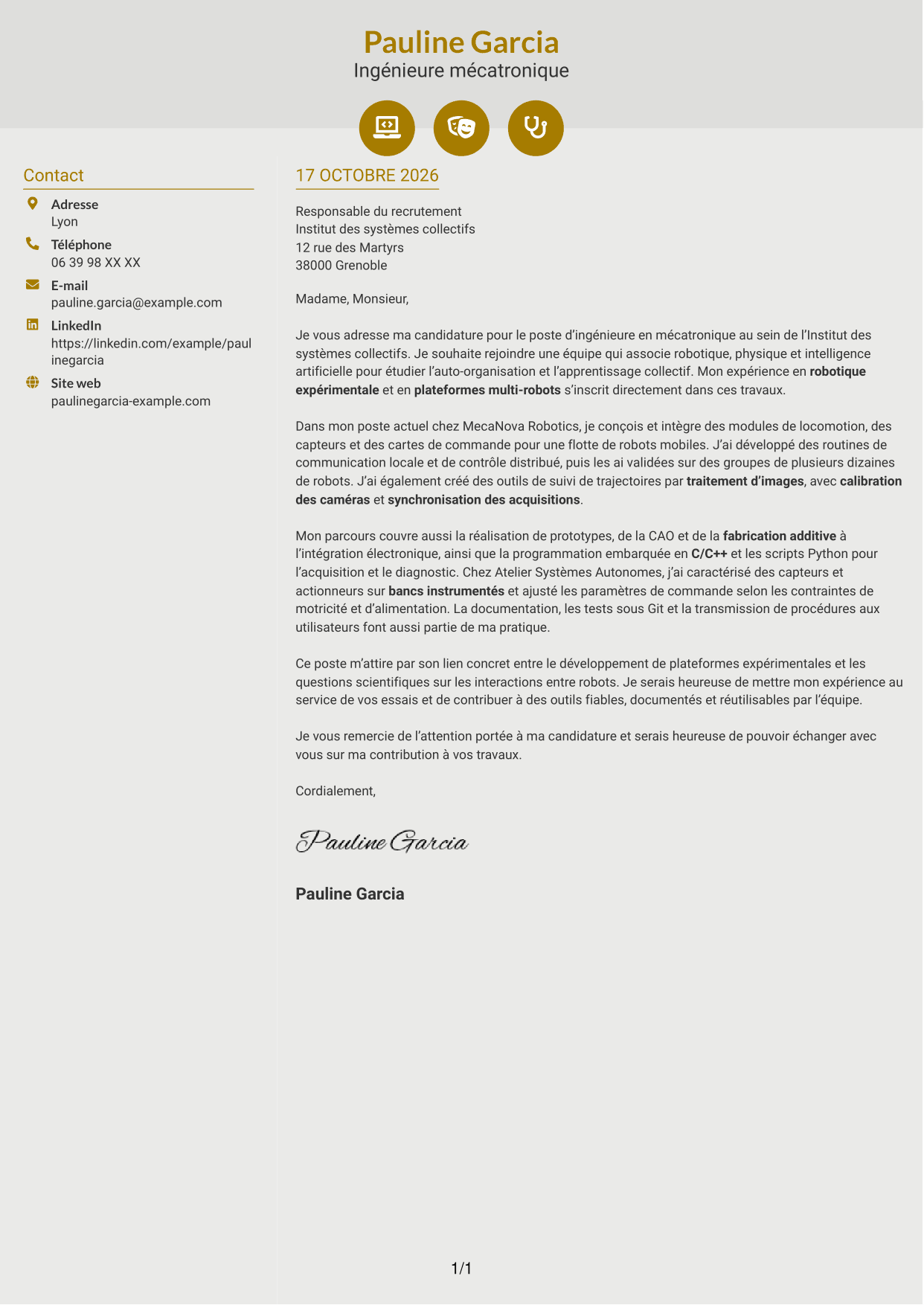 Lettre de motivation Dynamique (format à deux colonnes avec icônes) : Ingénieure en mécatronique - Robotique en essaim et apprentissage collectif, page 1