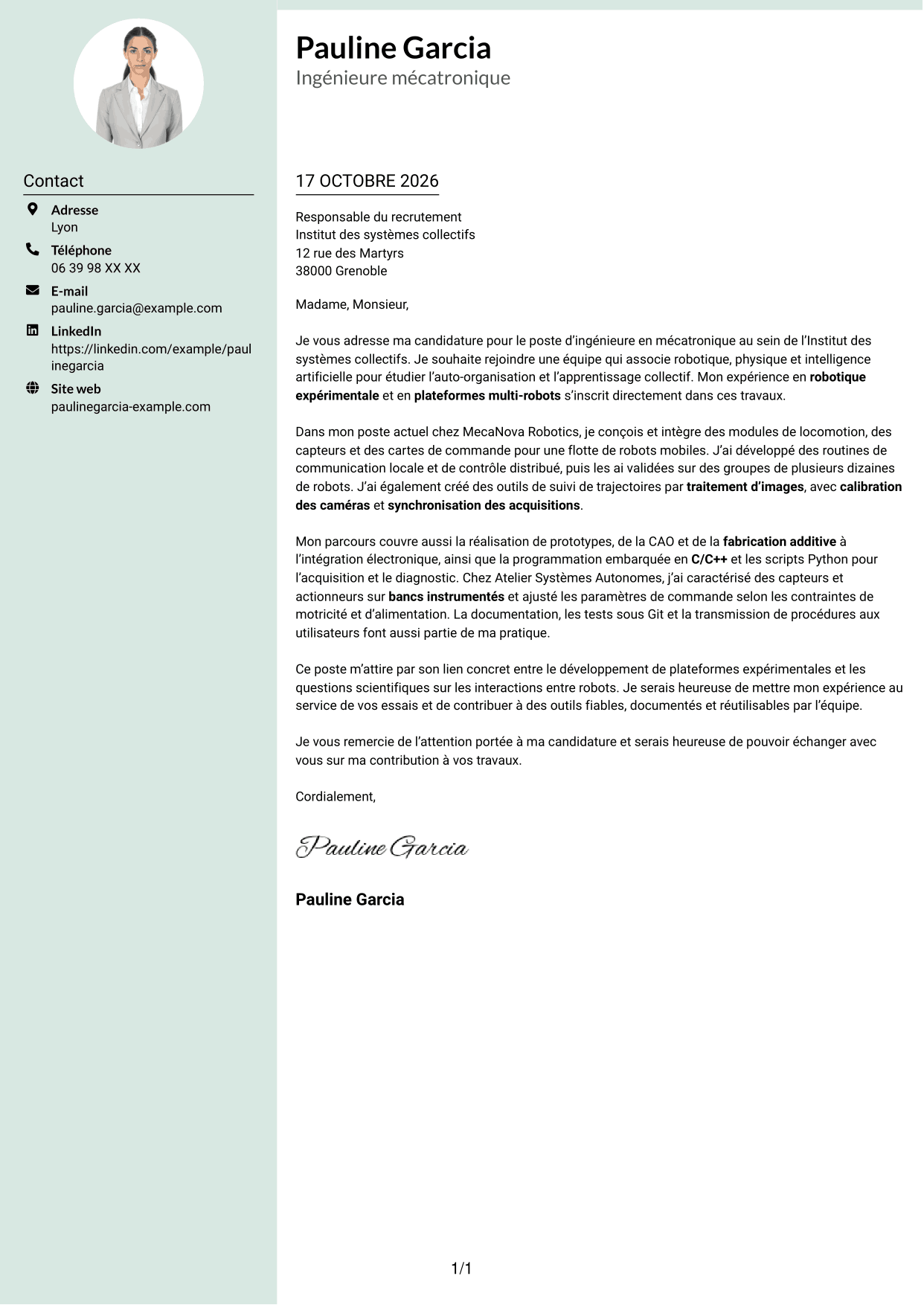 Lettre de motivation Cadre (format à colonne latérale douce avec photo arrondie) : Ingénieure en mécatronique - Robotique en essaim et apprentissage collectif, page 1