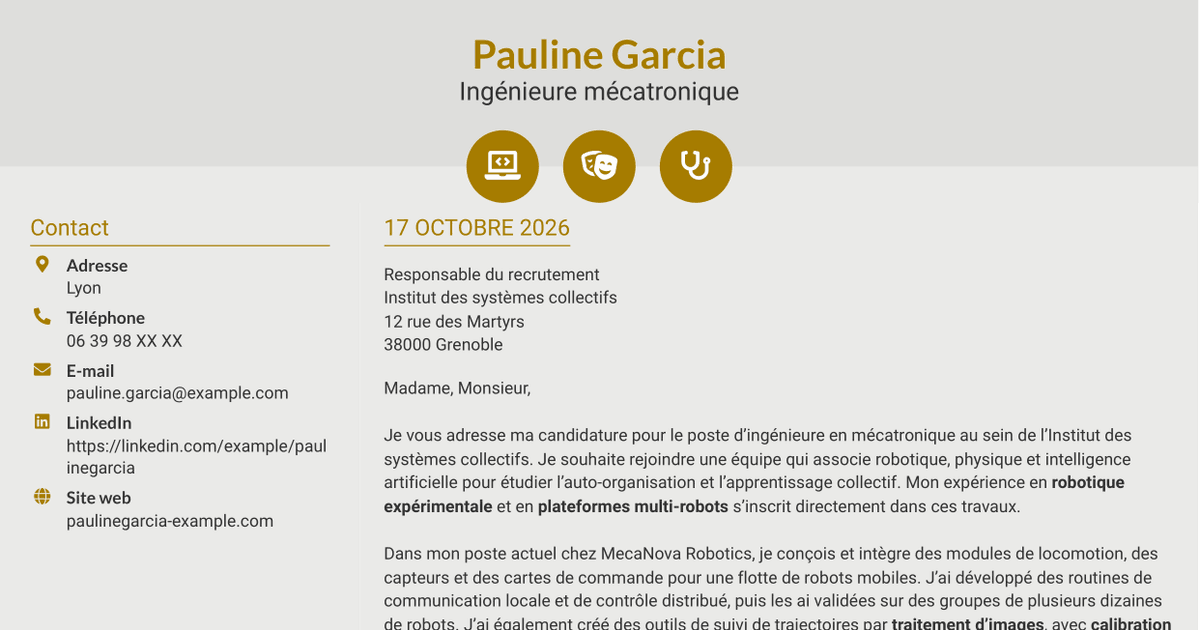 7 modèles de lettre de motivation pour Ingénieure en mécatronique - Robotique en essaim et apprentissage collectif, avec exemples