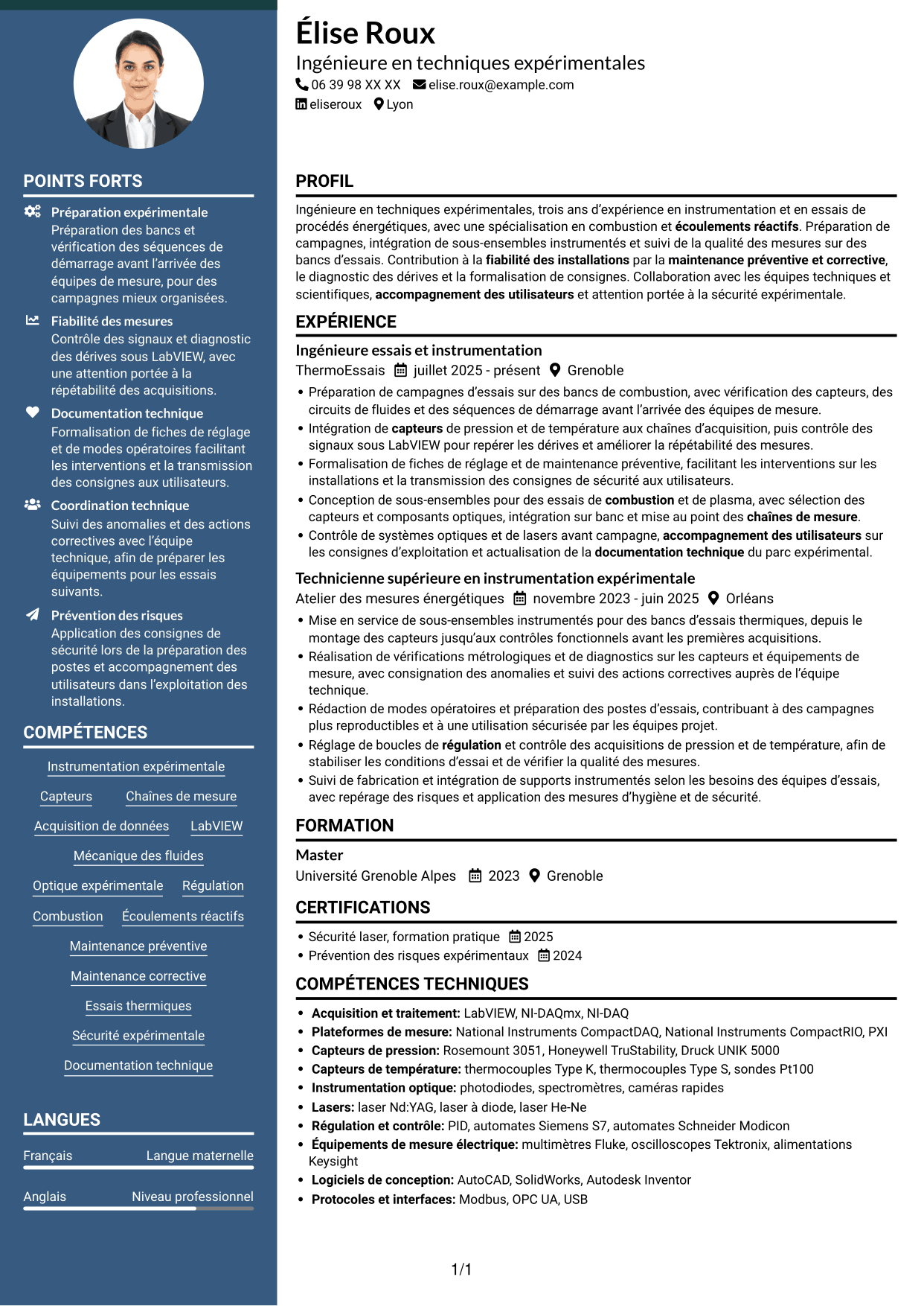 CV Élégant (format à colonne latérale colorée avec photo) : Ingénieure en techniques expérimentales - Combustion et plasmas, page 1