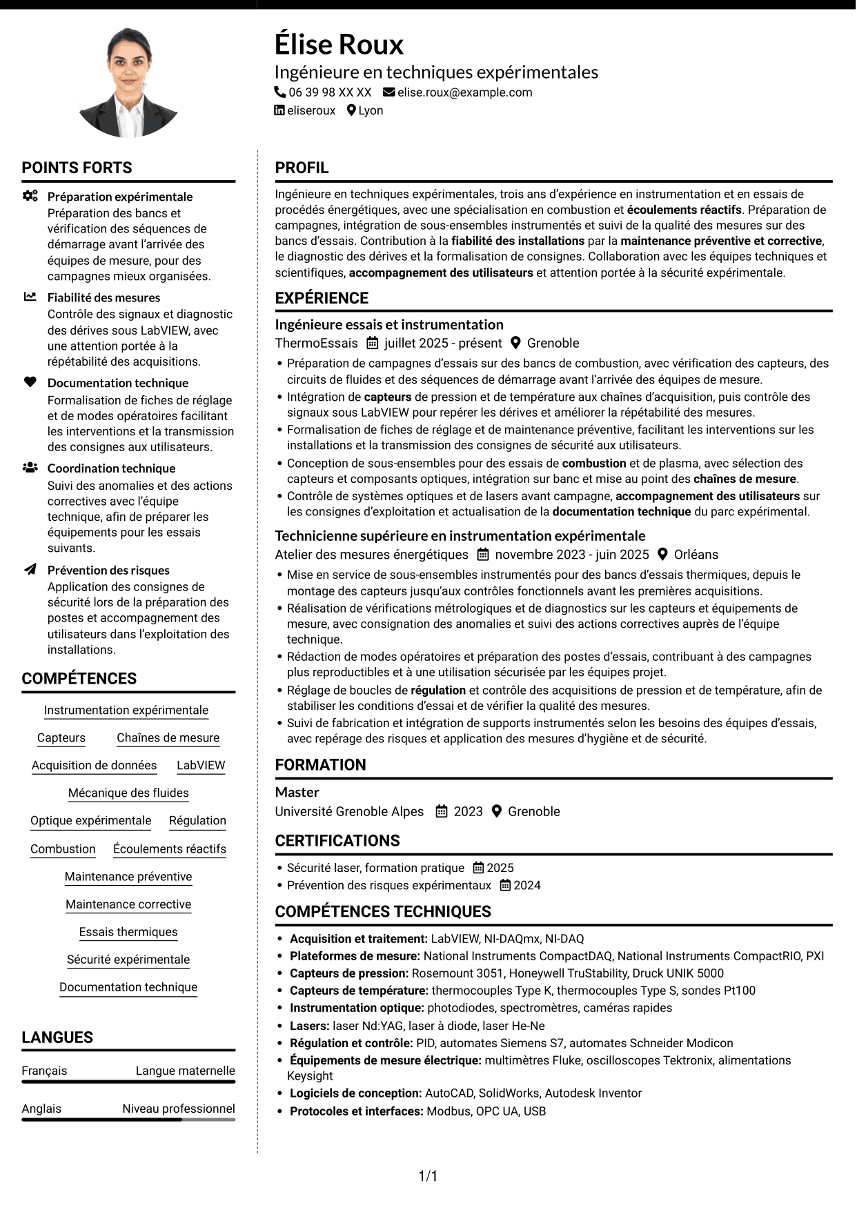 CV Moderne (format à deux colonnes avec photo à gauche et séparateur) : Ingénieure en techniques expérimentales - Combustion et plasmas, page 1