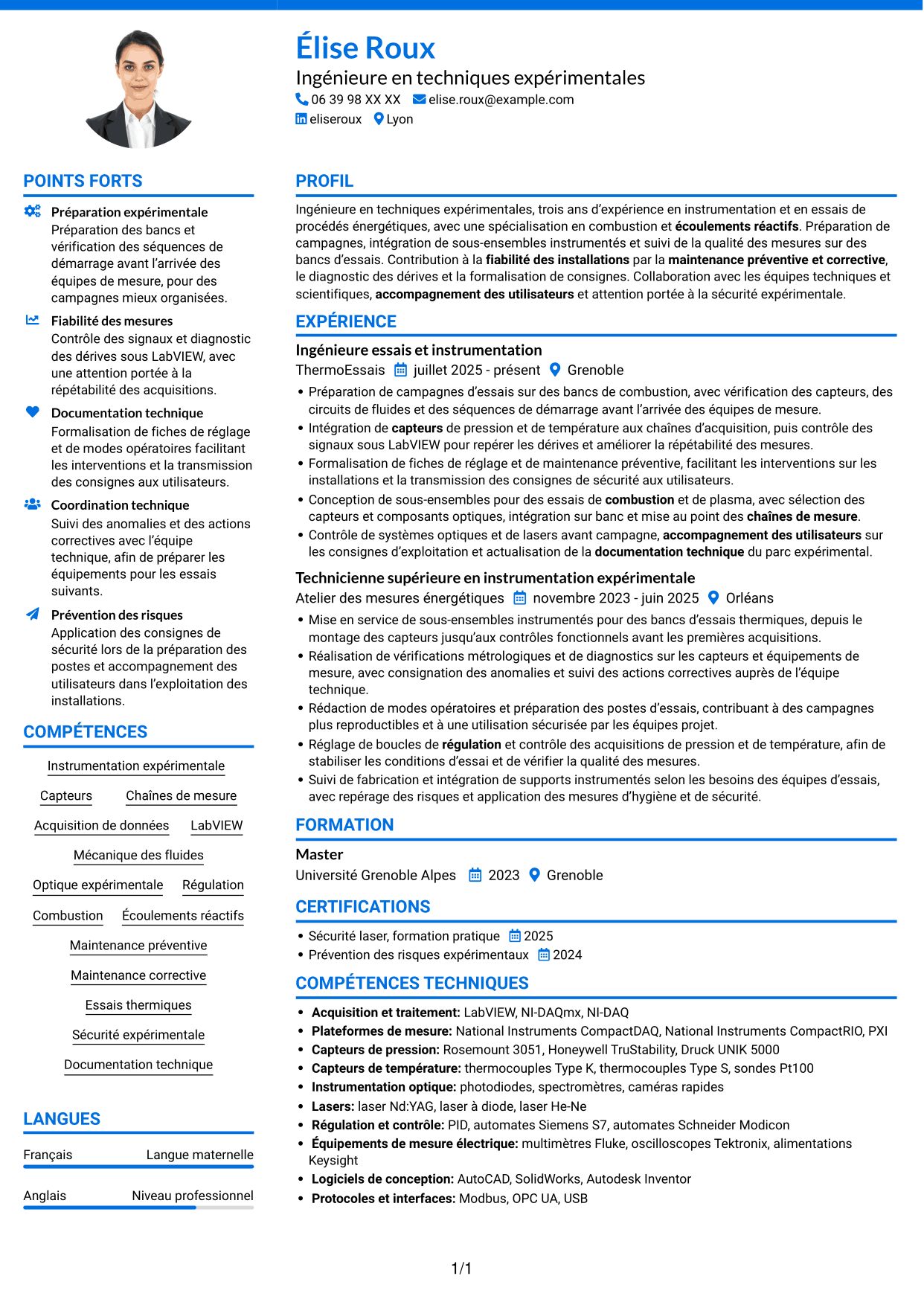 CV Audacieux (format à deux colonnes avec accents colorés et photo) : Ingénieure en techniques expérimentales - Combustion et plasmas, page 1