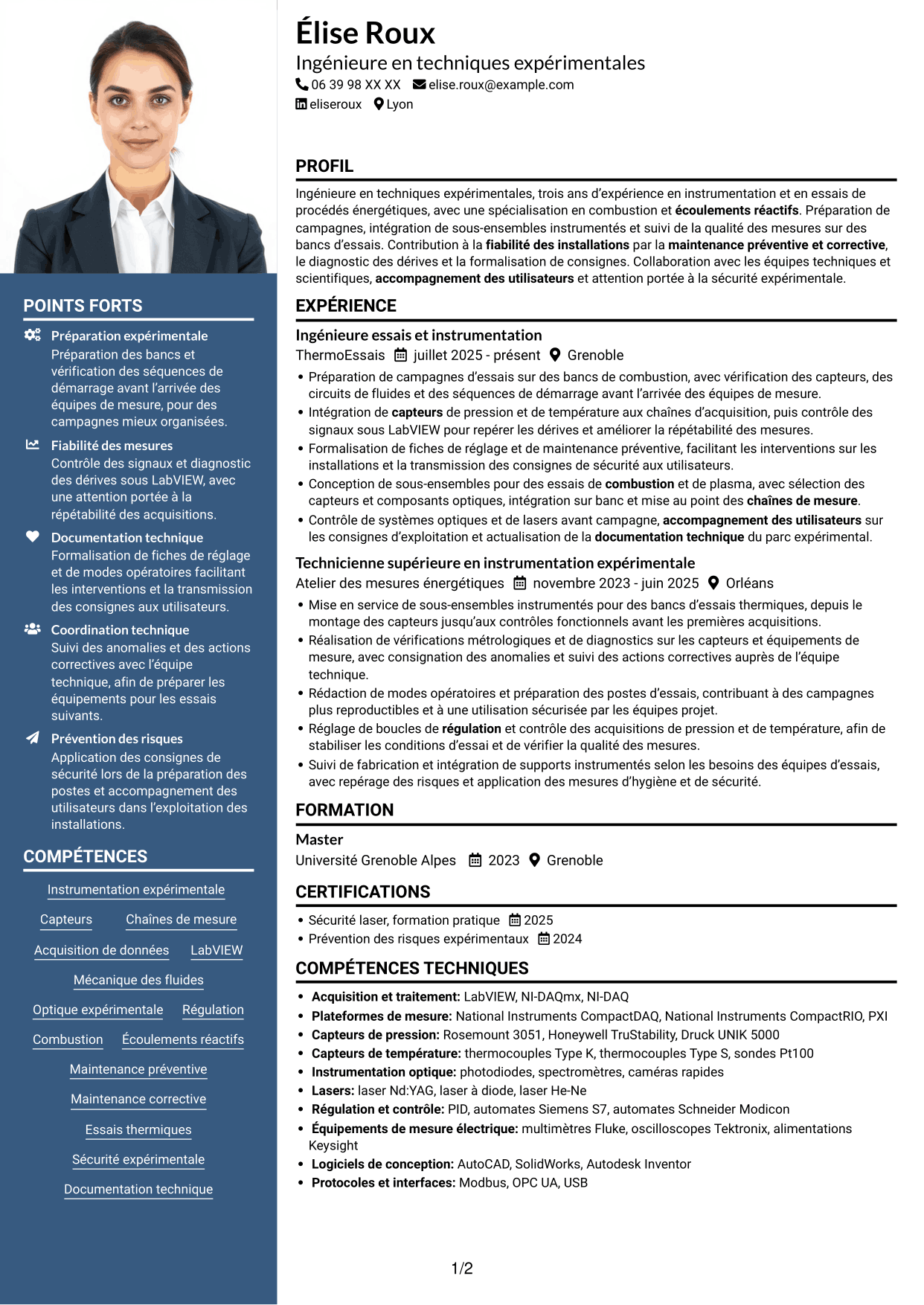 CV Signature (format à colonne latérale colorée avec grande photo) : Ingénieure en techniques expérimentales - Combustion et plasmas, page 1