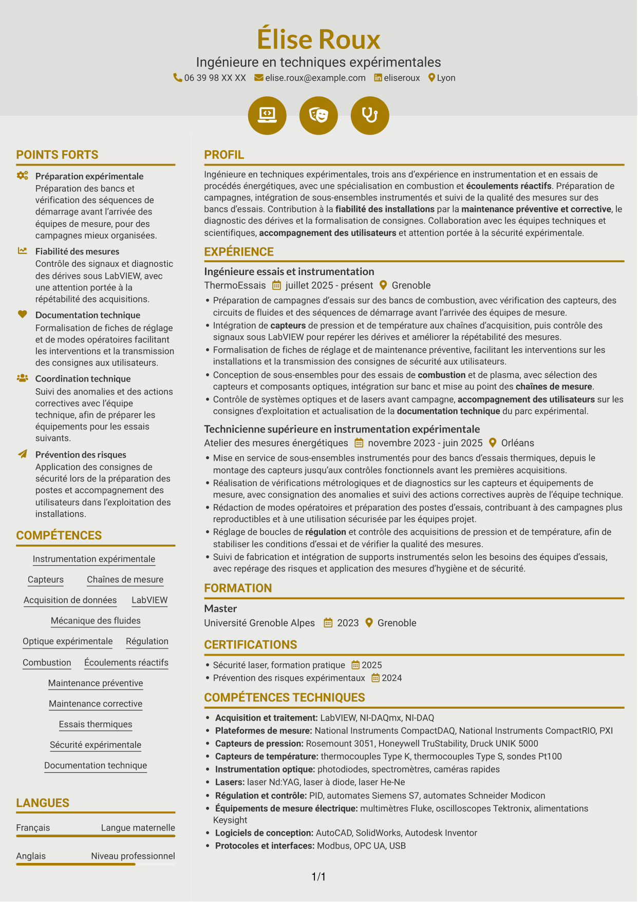 CV Dynamique (format à deux colonnes avec icônes) : Ingénieure en techniques expérimentales - Combustion et plasmas, page 1