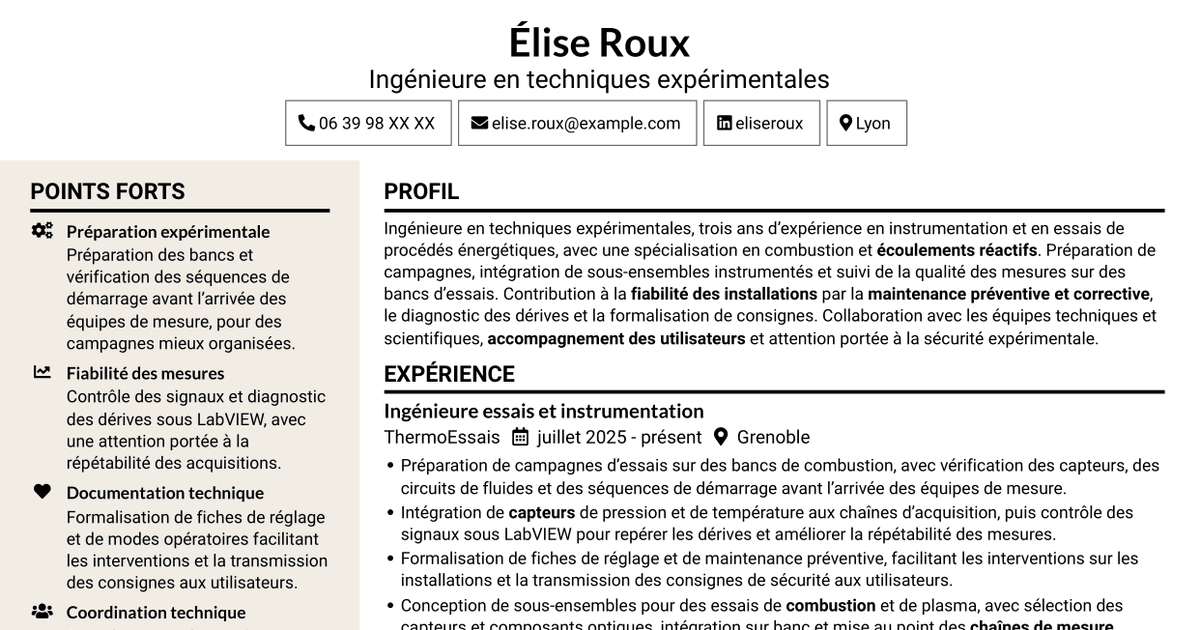 7 modèles de CV pour Ingénieure en techniques expérimentales - Combustion et plasmas, avec exemples