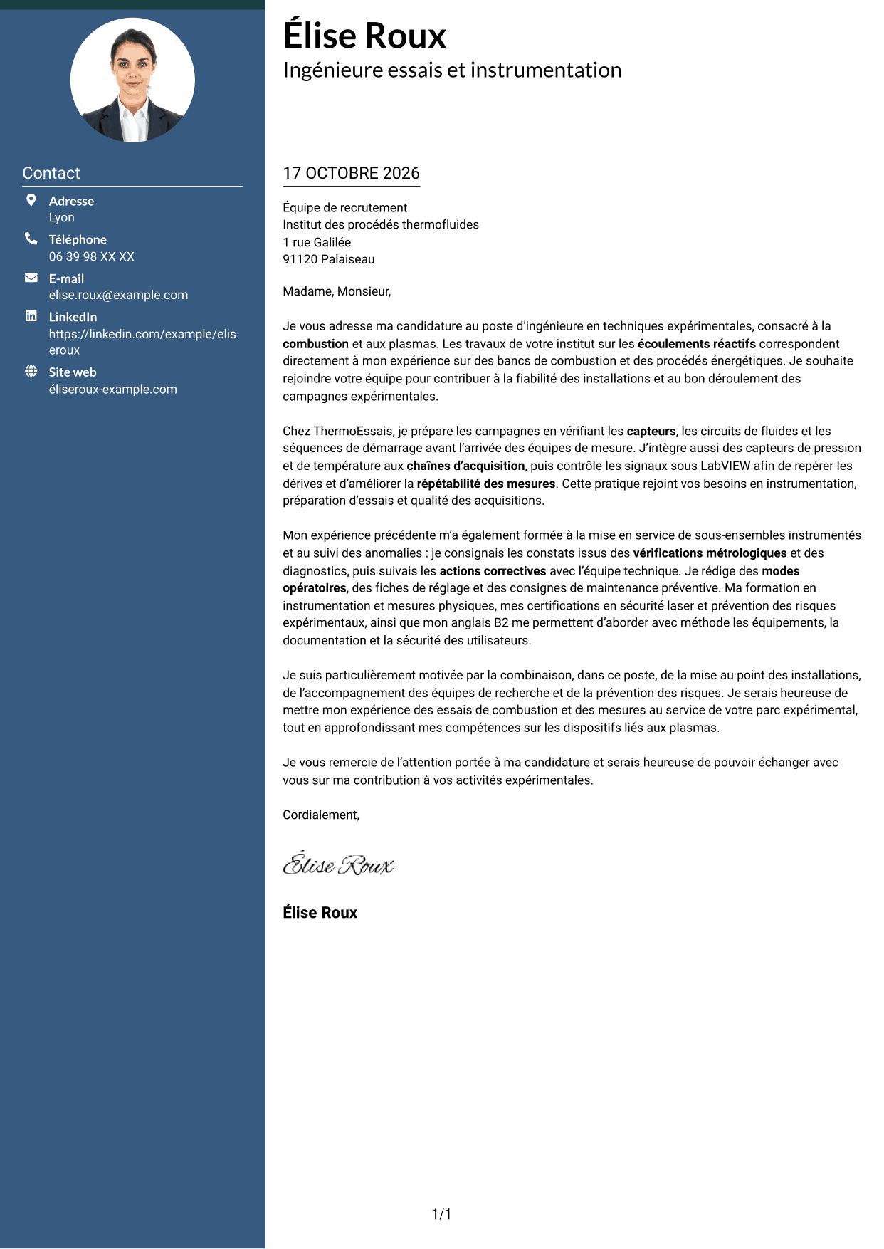 Lettre de motivation Élégant (format à colonne latérale colorée avec photo) : Ingénieure en techniques expérimentales - Combustion et plasmas, page 1