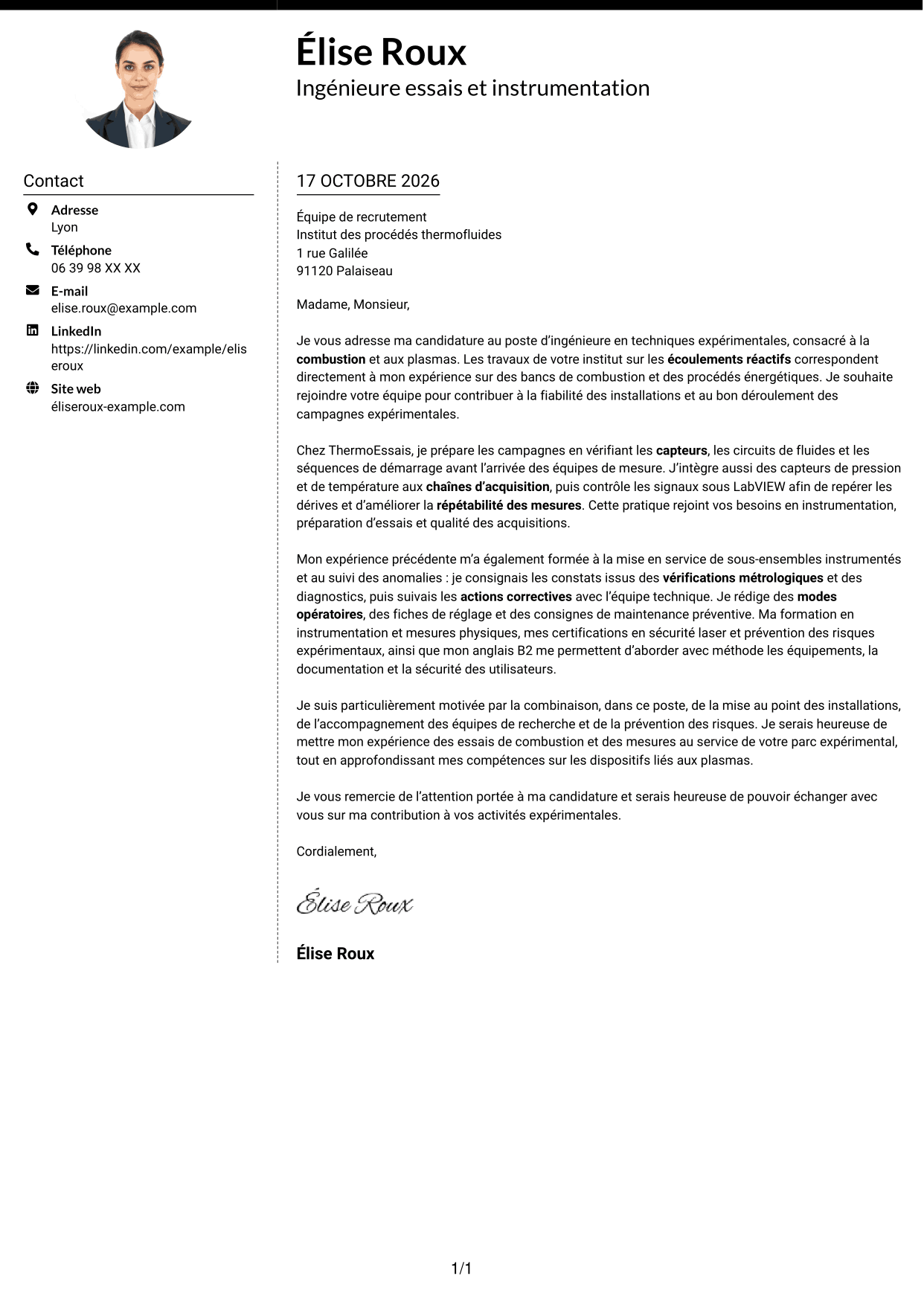 Lettre de motivation Moderne (format à deux colonnes avec photo à gauche et séparateur) : Ingénieure en techniques expérimentales - Combustion et plasmas, page 1