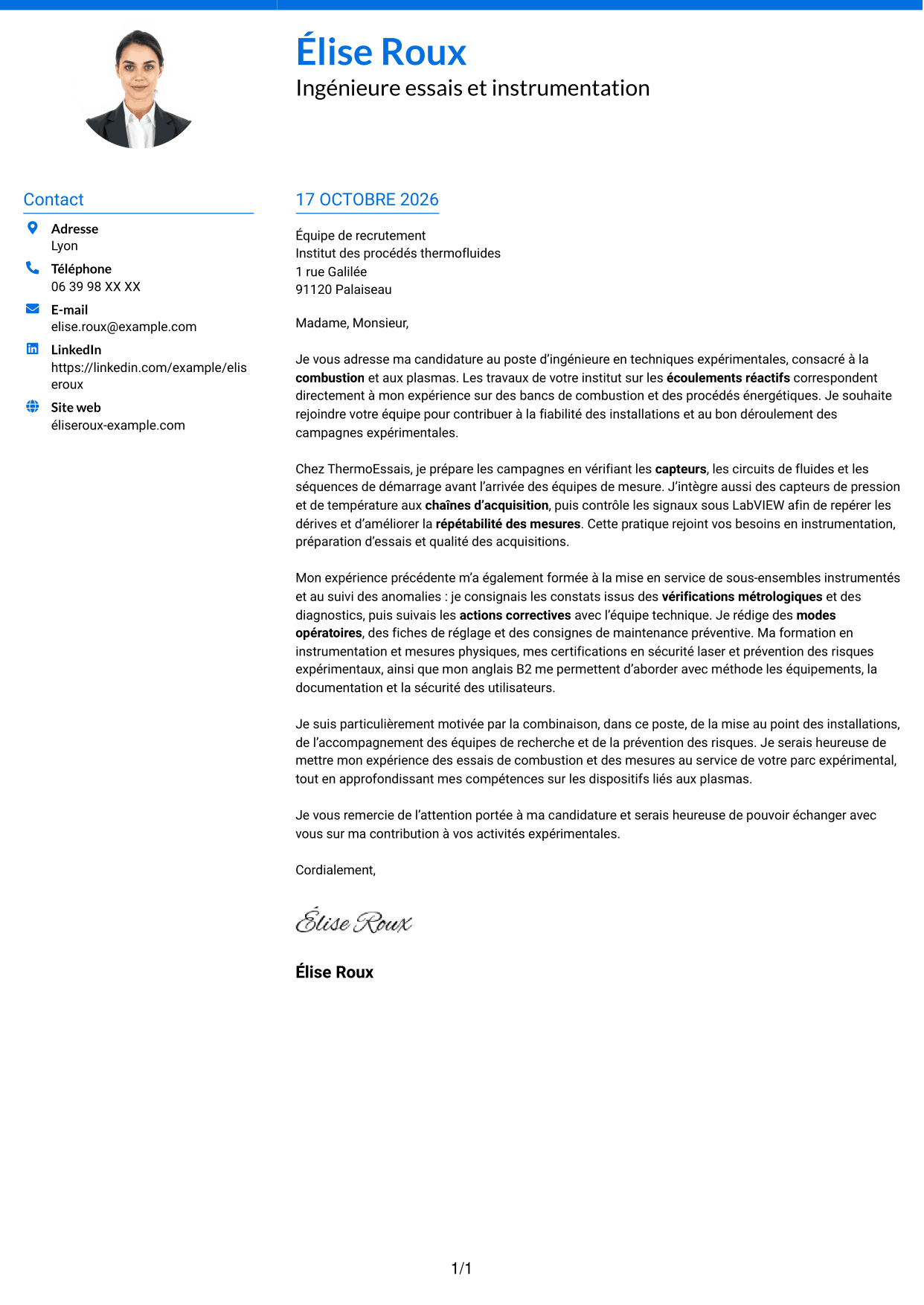 Lettre de motivation Audacieux (format à deux colonnes avec accents colorés et photo) : Ingénieure en techniques expérimentales - Combustion et plasmas, page 1