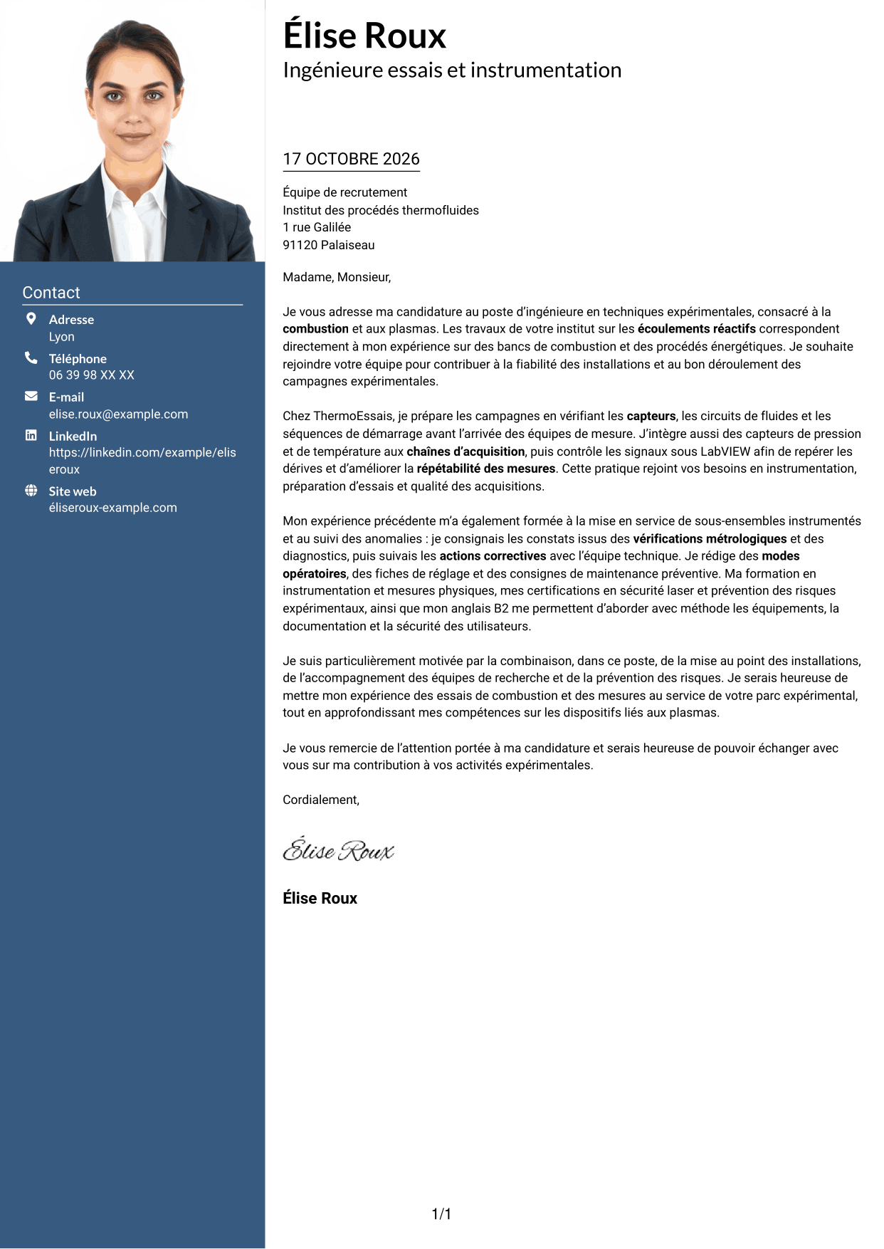 Lettre de motivation Signature (format à colonne latérale colorée avec grande photo) : Ingénieure en techniques expérimentales - Combustion et plasmas, page 1