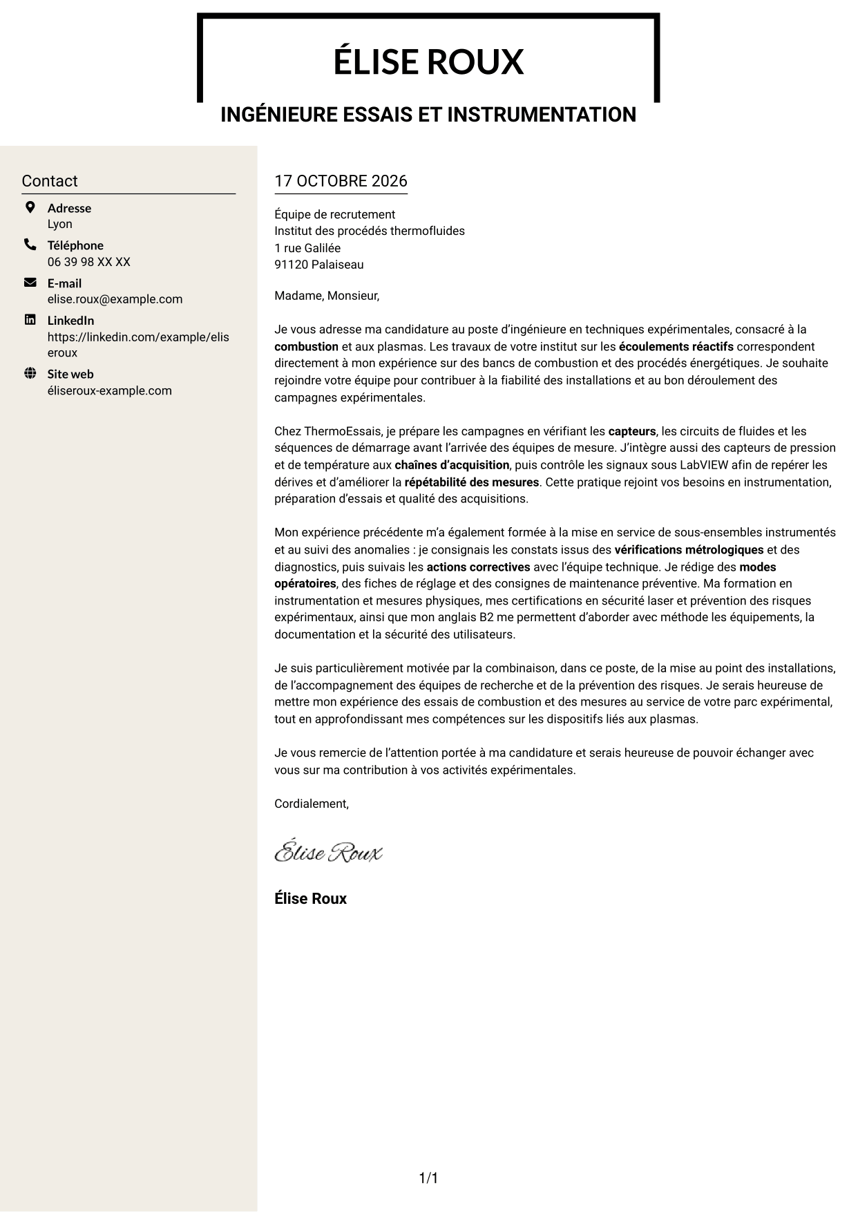 Lettre de motivation Fonceur (format à deux colonnes avec en-tête centré sans photo) : Ingénieure en techniques expérimentales - Combustion et plasmas, page 1