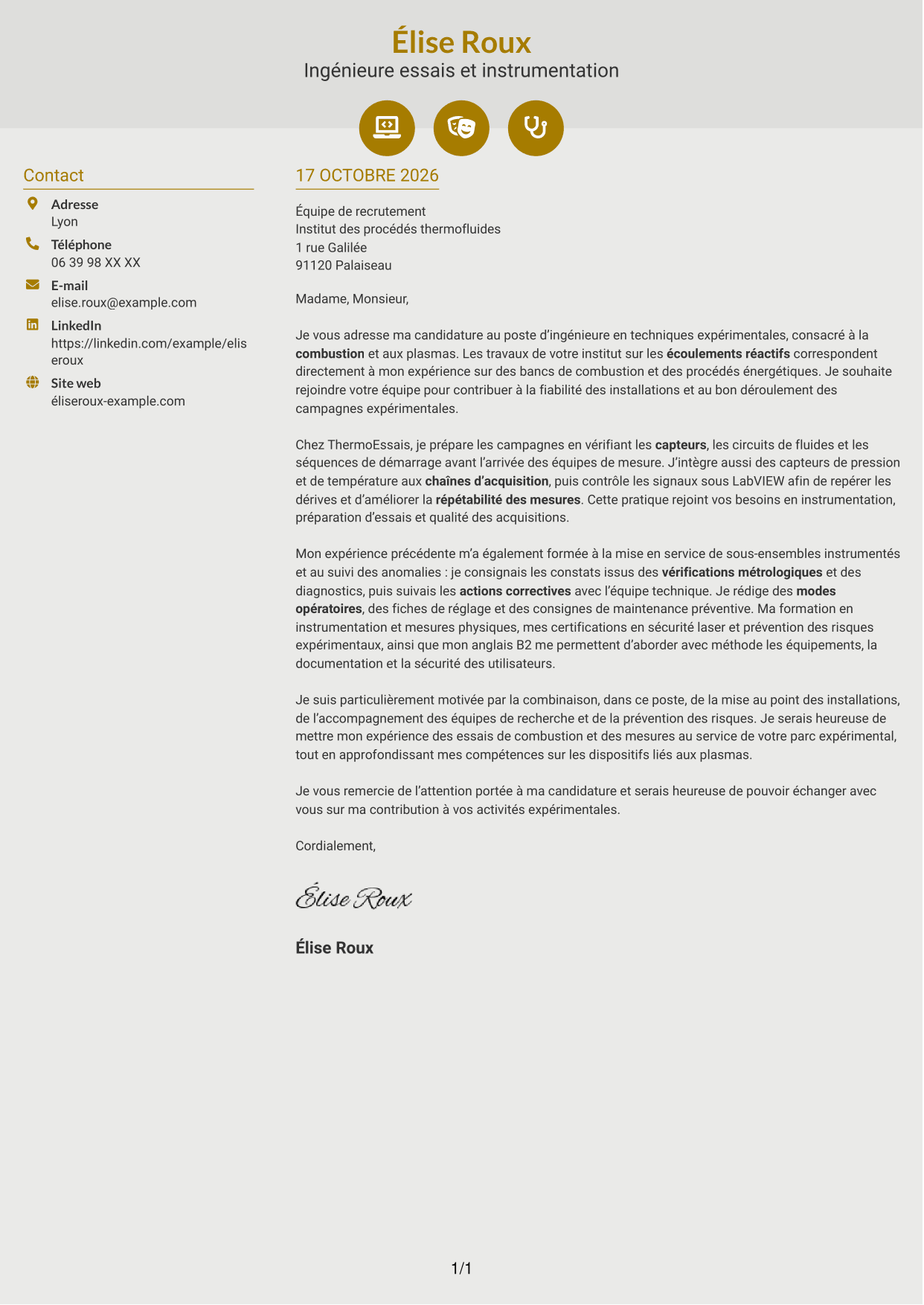 Lettre de motivation Dynamique (format à deux colonnes avec icônes) : Ingénieure en techniques expérimentales - Combustion et plasmas, page 1