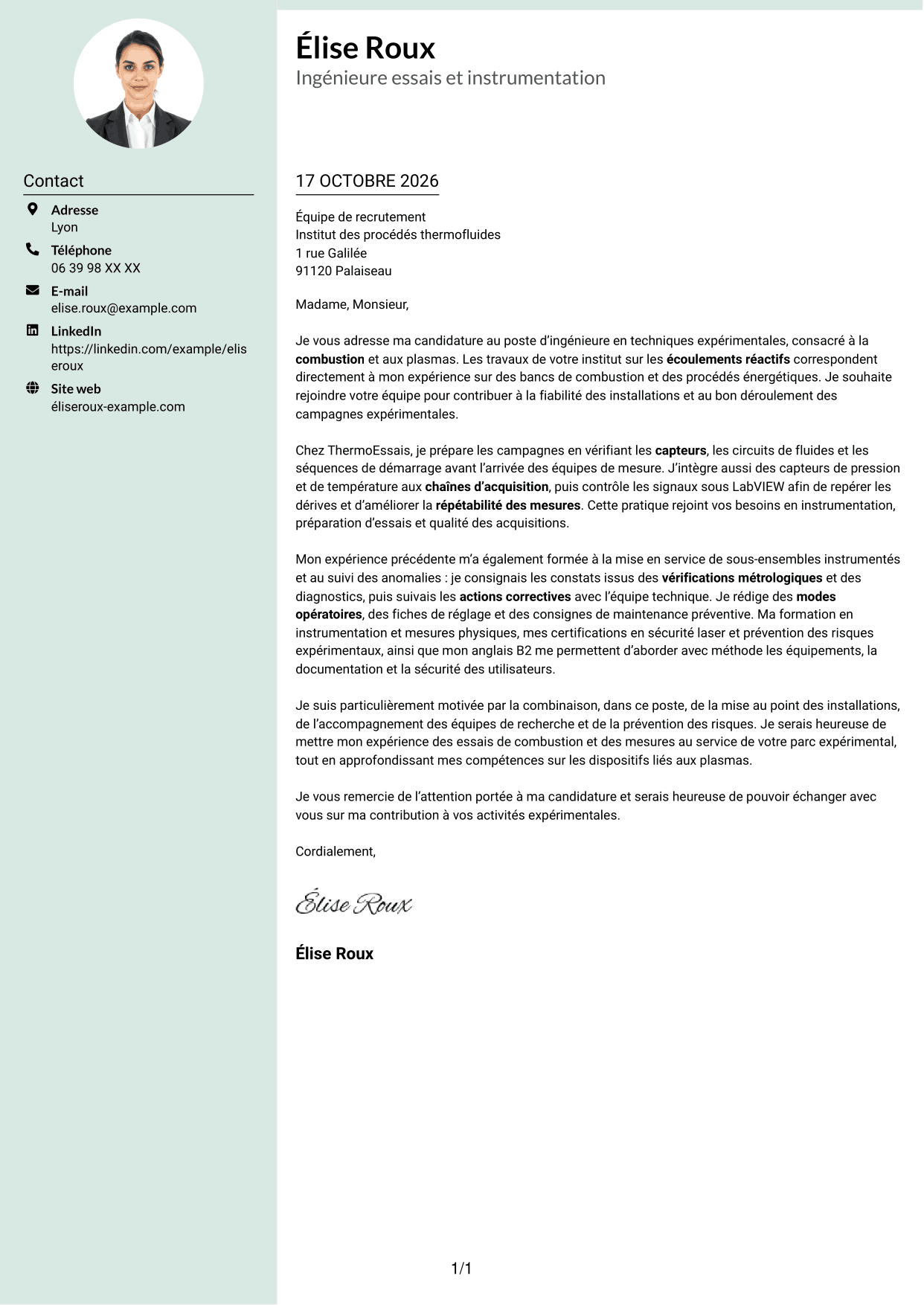 Lettre de motivation Cadre (format à colonne latérale douce avec photo arrondie) : Ingénieure en techniques expérimentales - Combustion et plasmas, page 1