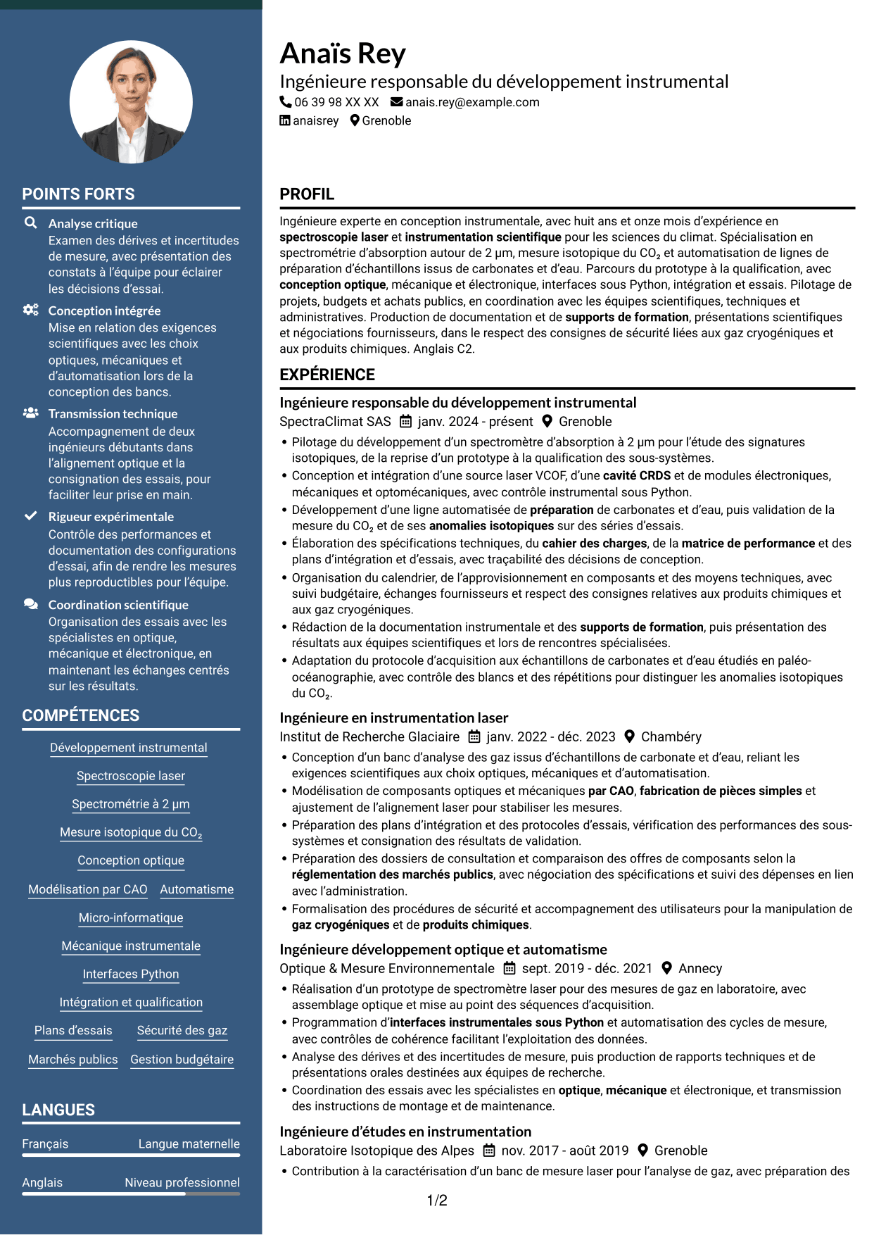 CV Élégant (format à colonne latérale colorée avec photo) : Ingénieure experte en développement instrumental - Spectroscopie laser, page 1