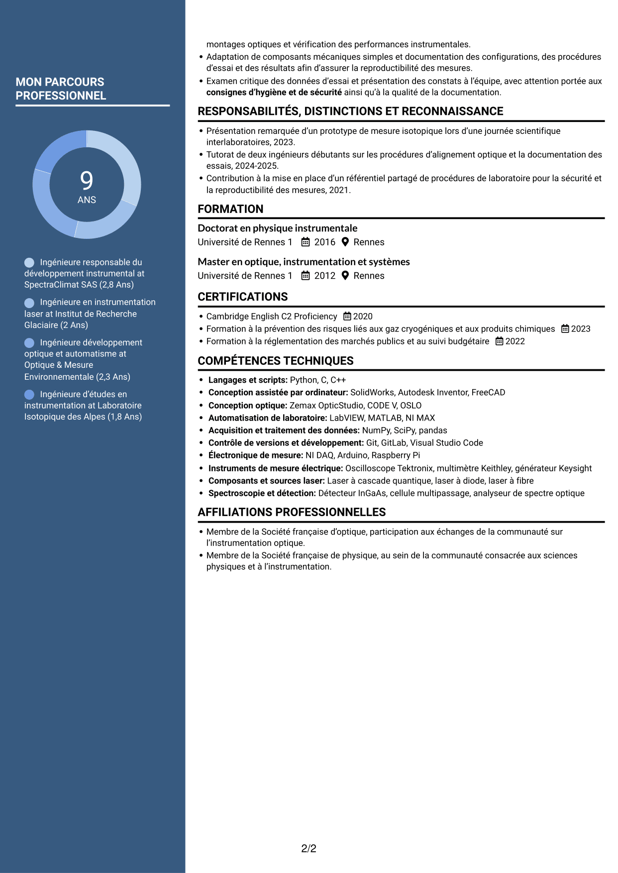 CV Élégant (format à colonne latérale colorée avec photo) : Ingénieure experte en développement instrumental - Spectroscopie laser, page 2