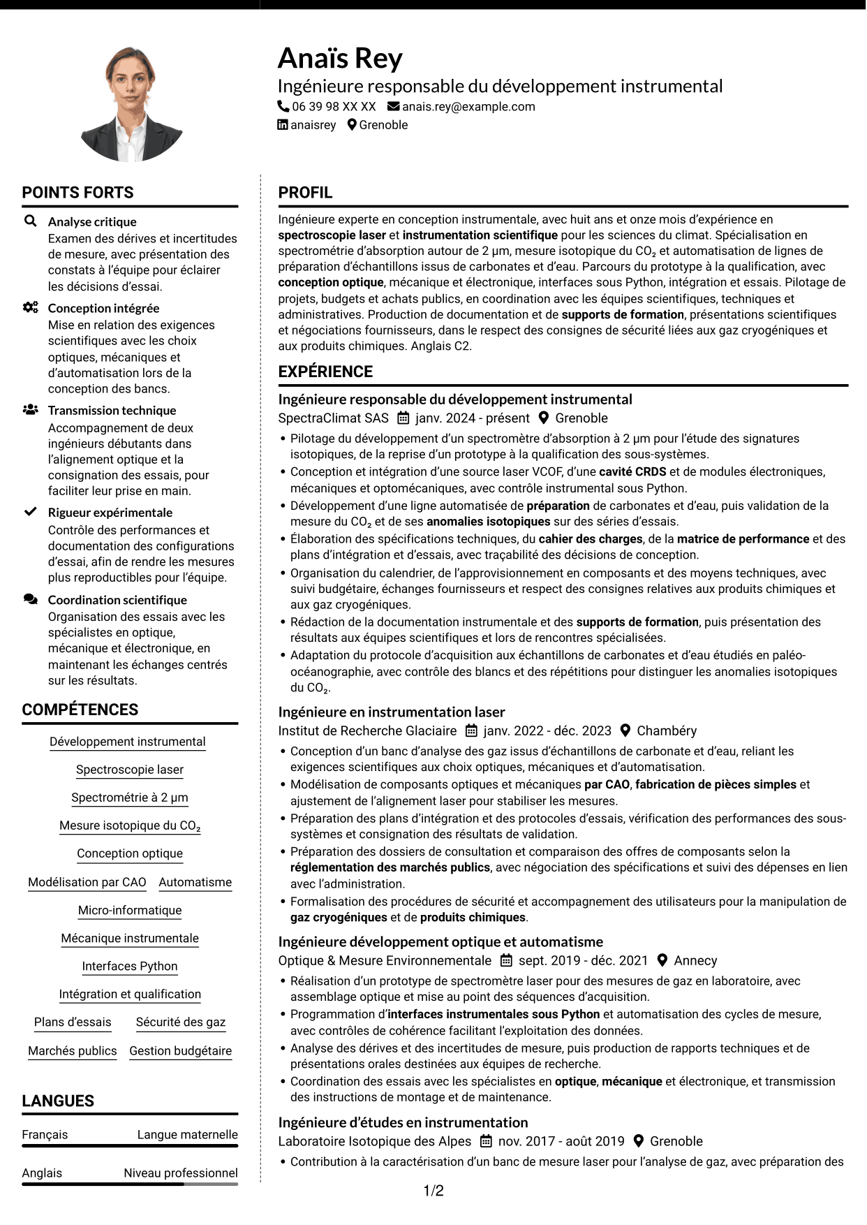 CV Moderne (format à deux colonnes avec photo à gauche et séparateur) : Ingénieure experte en développement instrumental - Spectroscopie laser, page 1