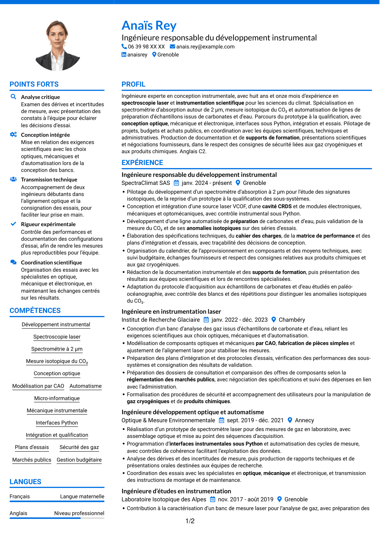 CV Audacieux (format à deux colonnes avec accents colorés et photo) : Ingénieure experte en développement instrumental - Spectroscopie laser, page 1