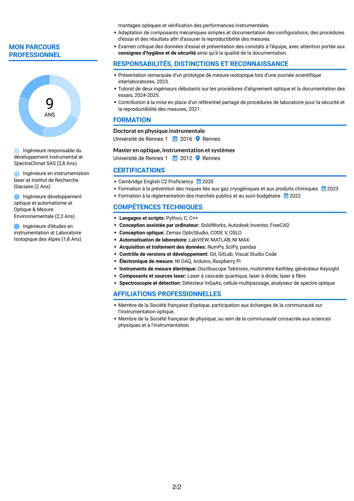 CV Audacieux (format à deux colonnes avec accents colorés et photo) : Ingénieure experte en développement instrumental - Spectroscopie laser, page 2