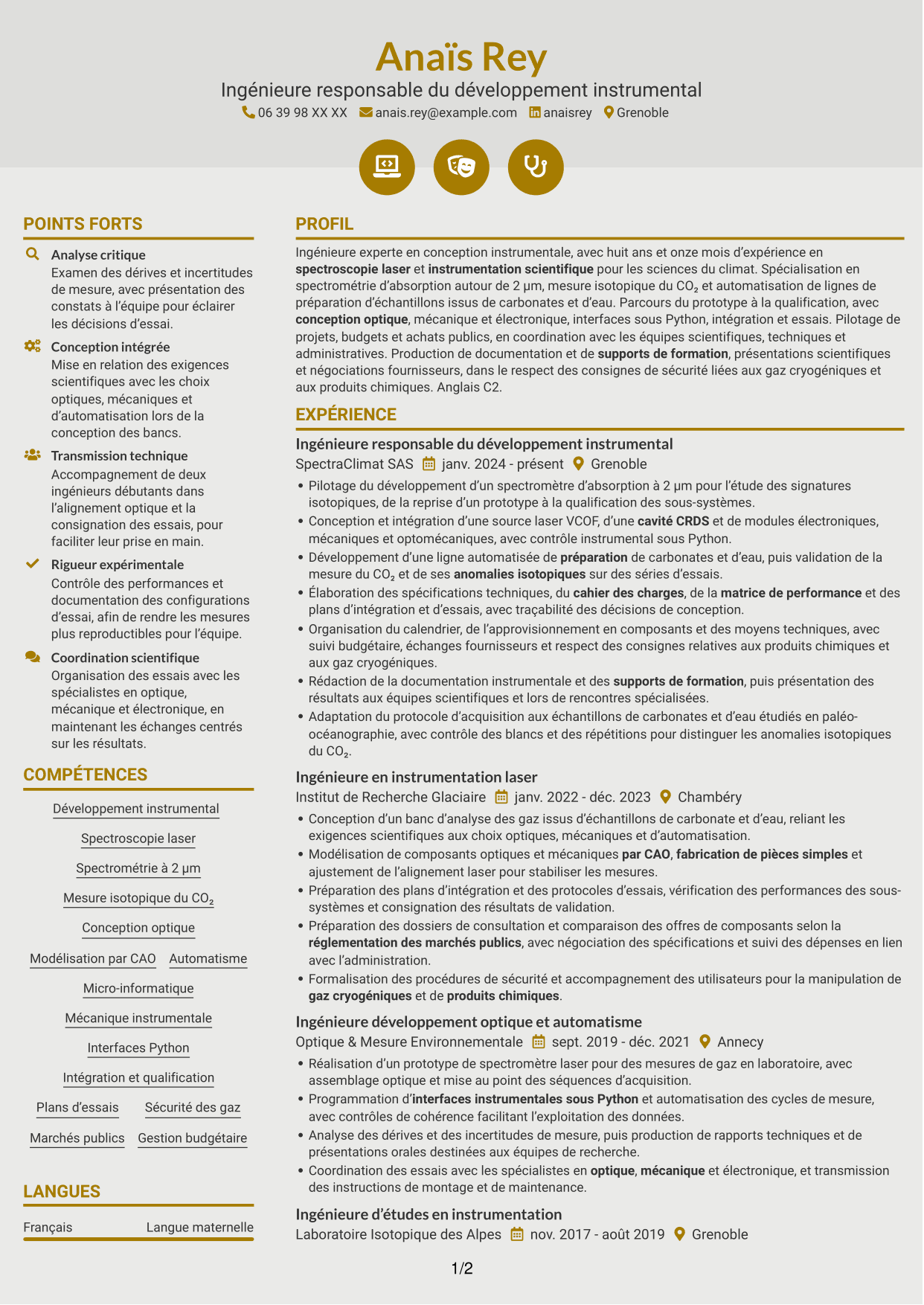 CV Dynamique (format à deux colonnes avec icônes) : Ingénieure experte en développement instrumental - Spectroscopie laser, page 1