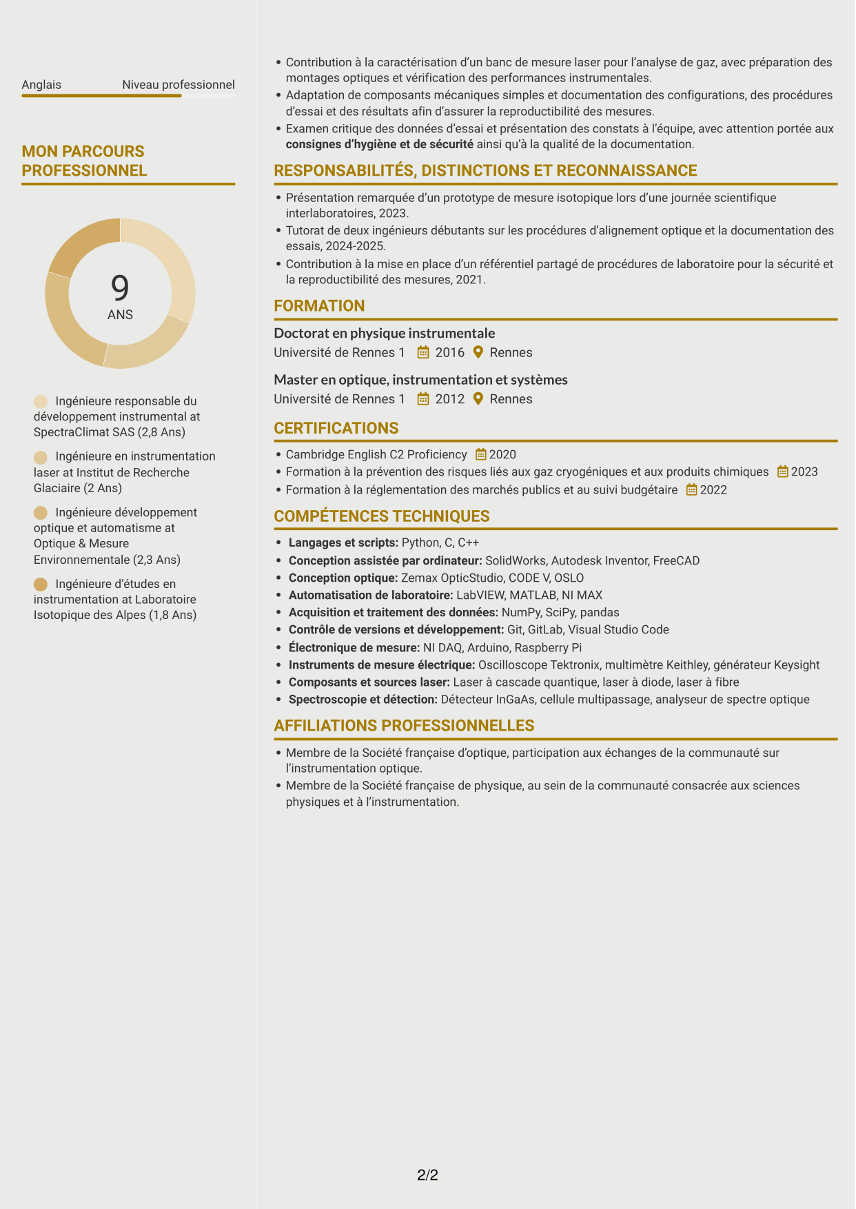 CV Dynamique (format à deux colonnes avec icônes) : Ingénieure experte en développement instrumental - Spectroscopie laser, page 2