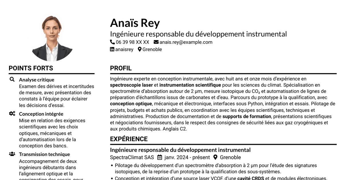 7 modèles de CV pour Ingénieure experte en développement instrumental - Spectroscopie laser, avec exemples
