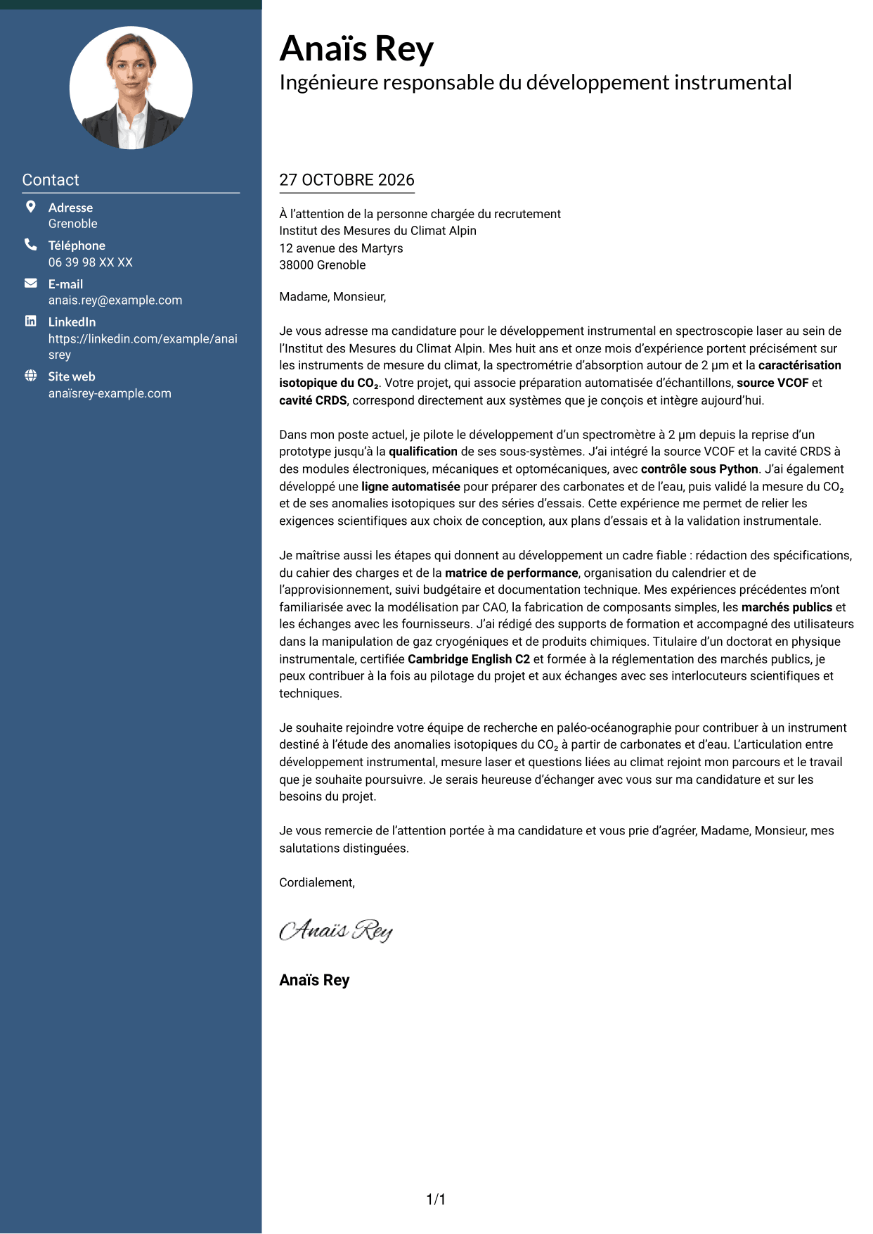 Lettre de motivation Élégant (format à colonne latérale colorée avec photo) : Ingénieure experte en développement instrumental - Spectroscopie laser, page 1