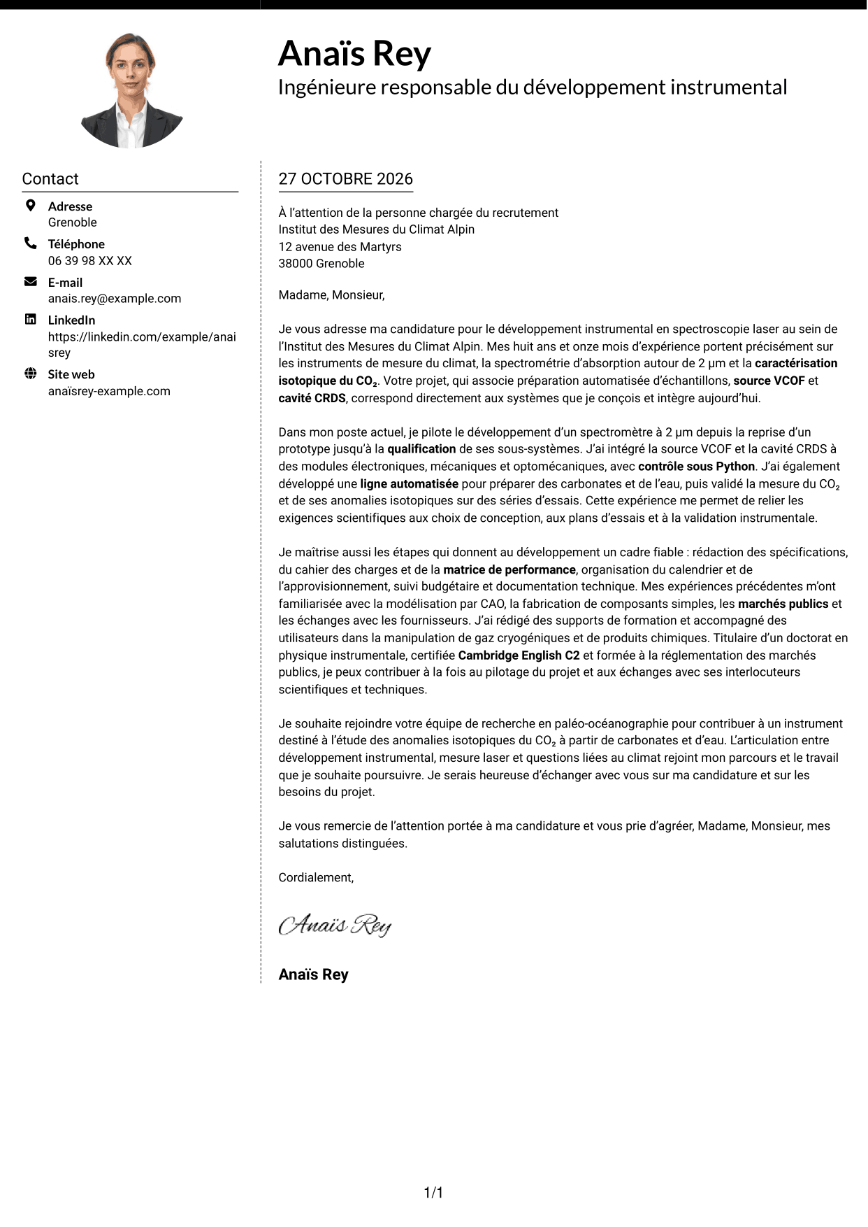 Lettre de motivation Moderne (format à deux colonnes avec photo à gauche et séparateur) : Ingénieure experte en développement instrumental - Spectroscopie laser, page 1