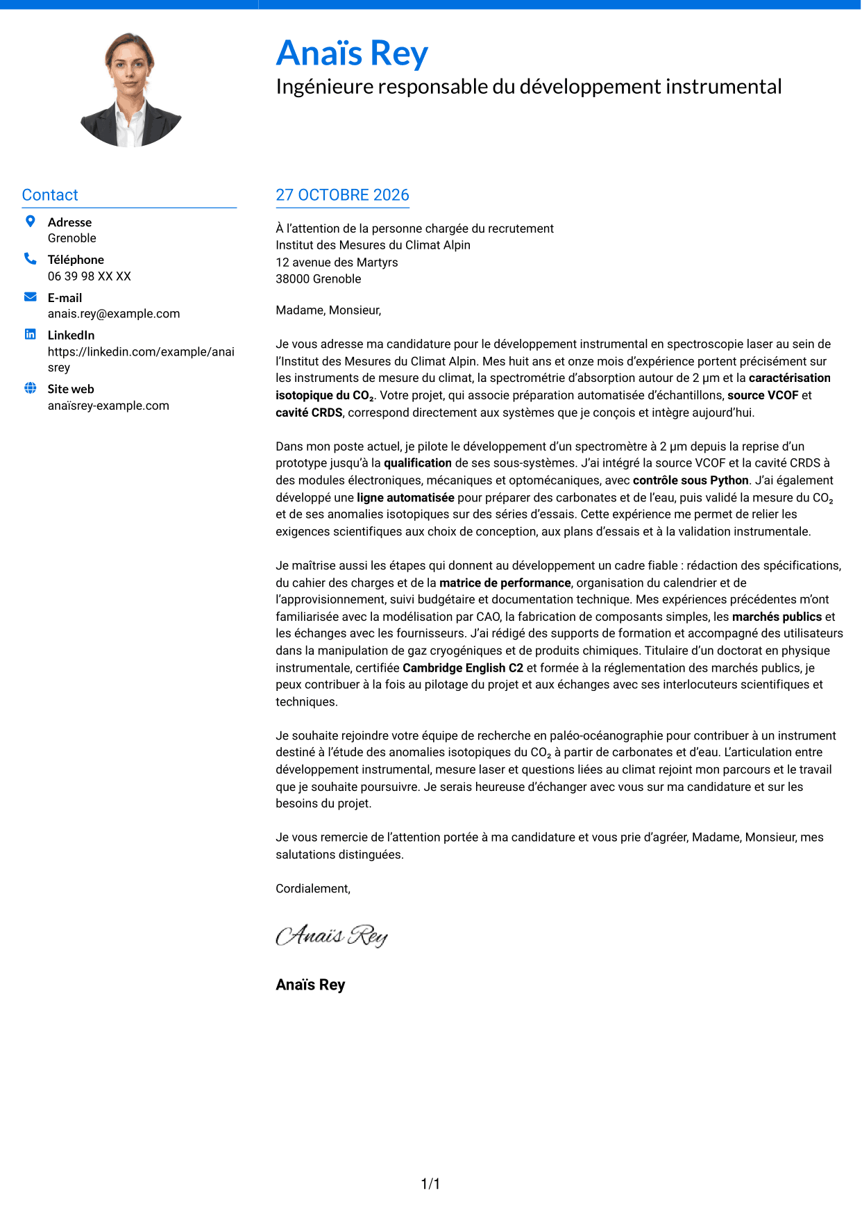Lettre de motivation Audacieux (format à deux colonnes avec accents colorés et photo) : Ingénieure experte en développement instrumental - Spectroscopie laser, page 1