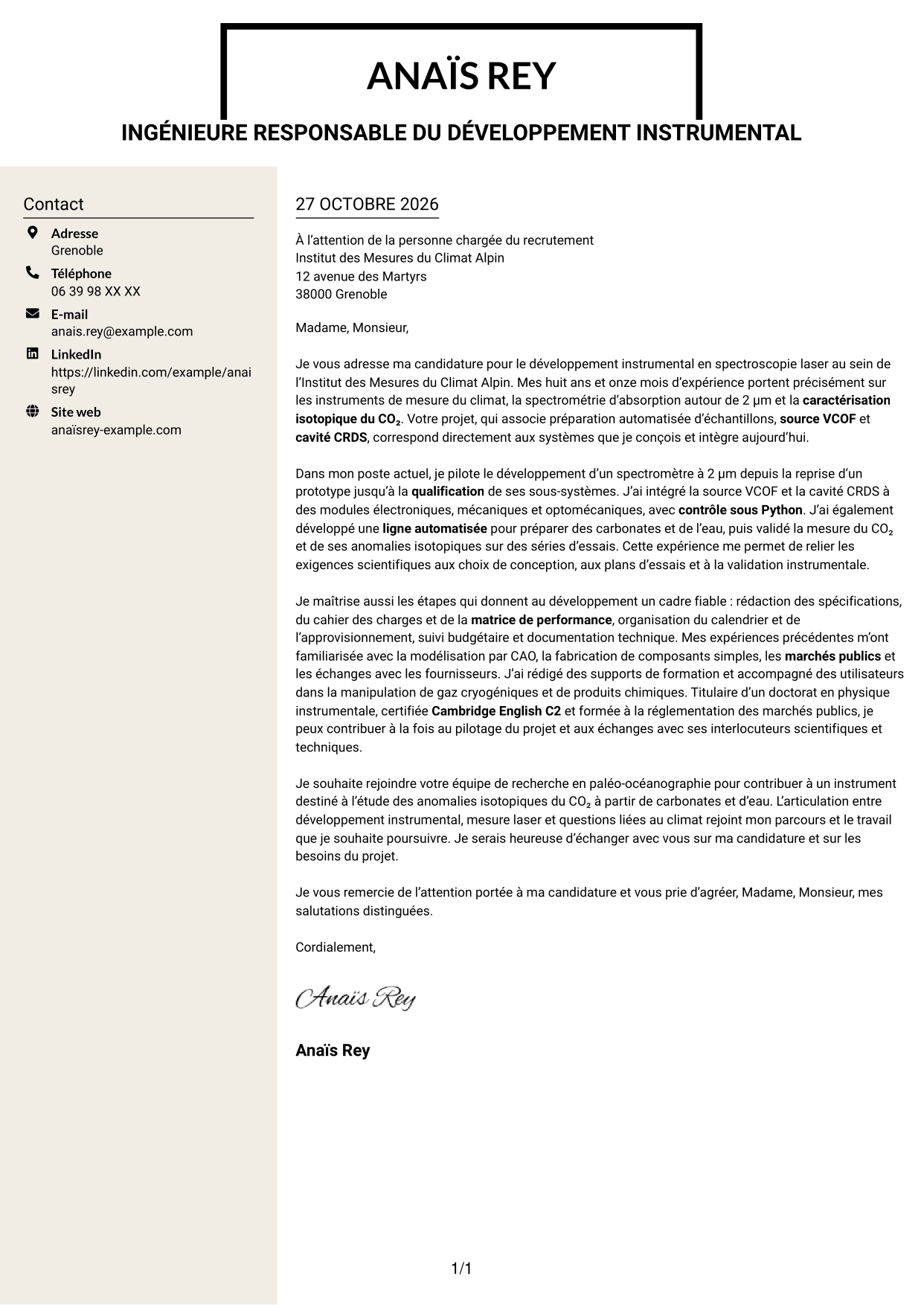 Lettre de motivation Fonceur (format à deux colonnes avec en-tête centré sans photo) : Ingénieure experte en développement instrumental - Spectroscopie laser, page 1