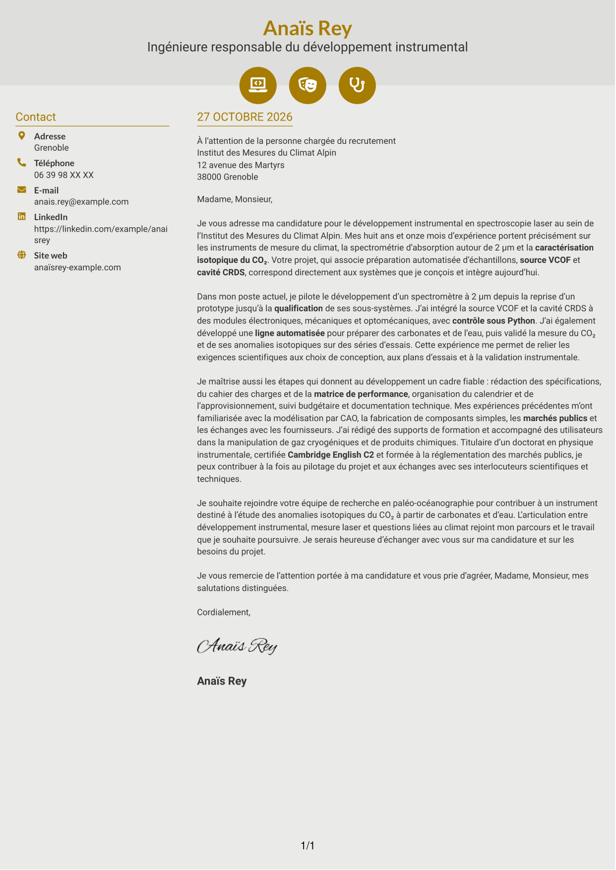 Lettre de motivation Dynamique (format à deux colonnes avec icônes) : Ingénieure experte en développement instrumental - Spectroscopie laser, page 1